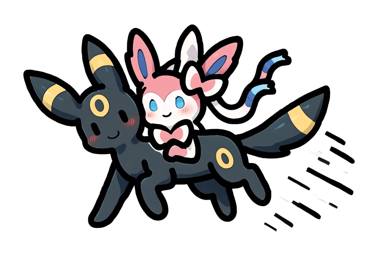 masterpiece,best quality,highly detailed,score_9,score_8_up,score_7_up,score_6_up,source anime,
BREAK
<lora:SimpleOutlinePony1.0:0.95>,outline,(solid oval eyes:1.2),blush,happy,
2 pokemon,1sylveon running with 1umbreon,white background,full body,motion lines,