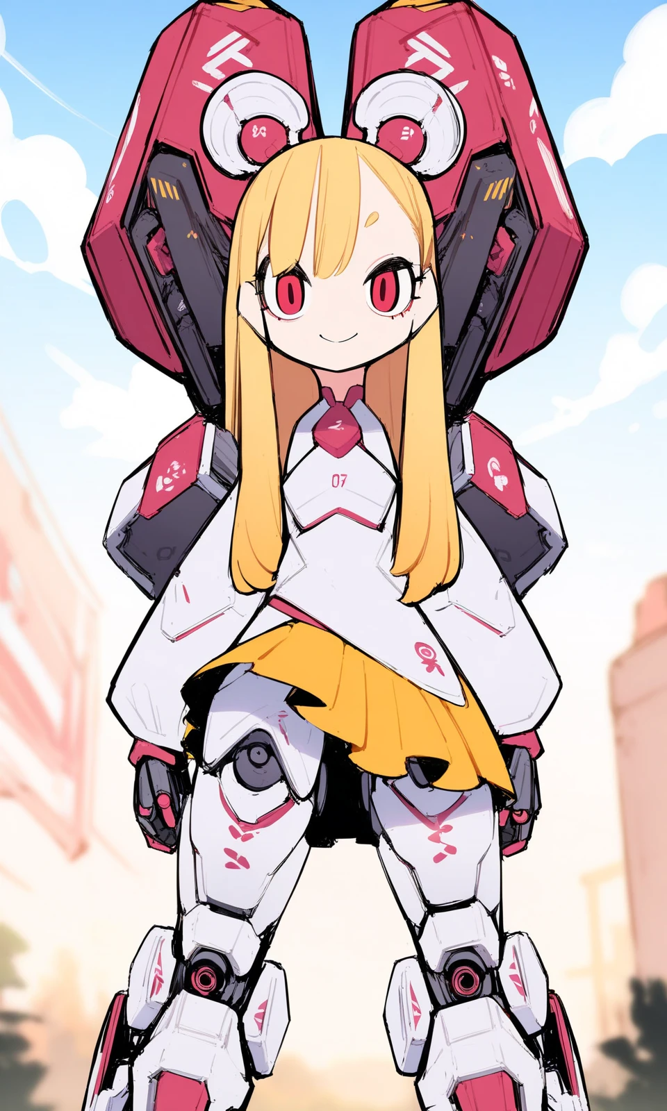 1girl, iwako, red eyes, blonde hair, long hair, mechanical legs, mechanical rabbit ears, 
armor, 
standing, looking at viewer, smile, straight-on, 
outdoors, 
masterpiece, best quality, very aesthetic, absurdres, vibrant colors, 
<lora:Iwako_XL:1>