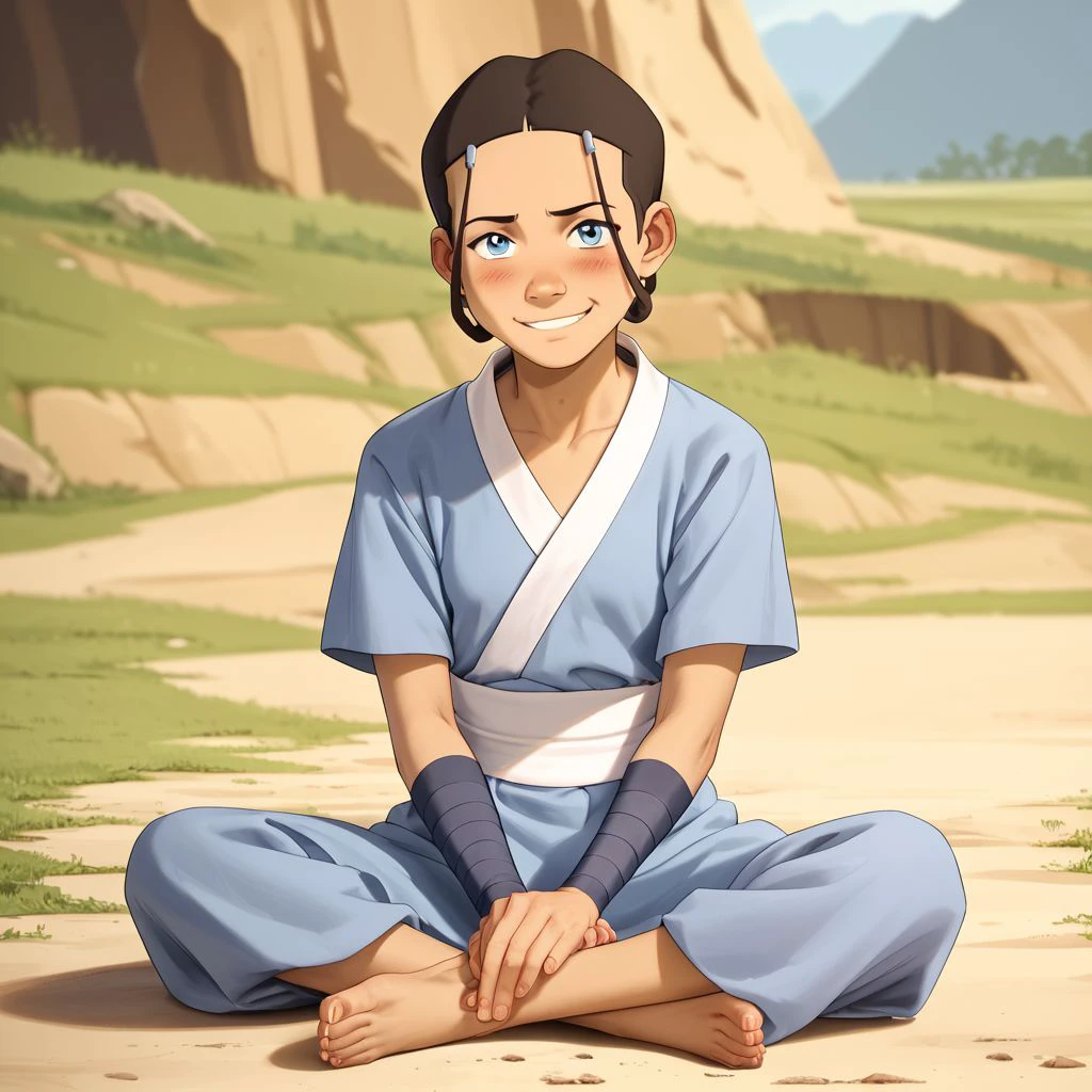 score_9, score_8_up, score_7_up, score_6_up, score_5_up, score_4_up, rating_safe, Katara, sitting on the ground, barefoot, small smile, blushing