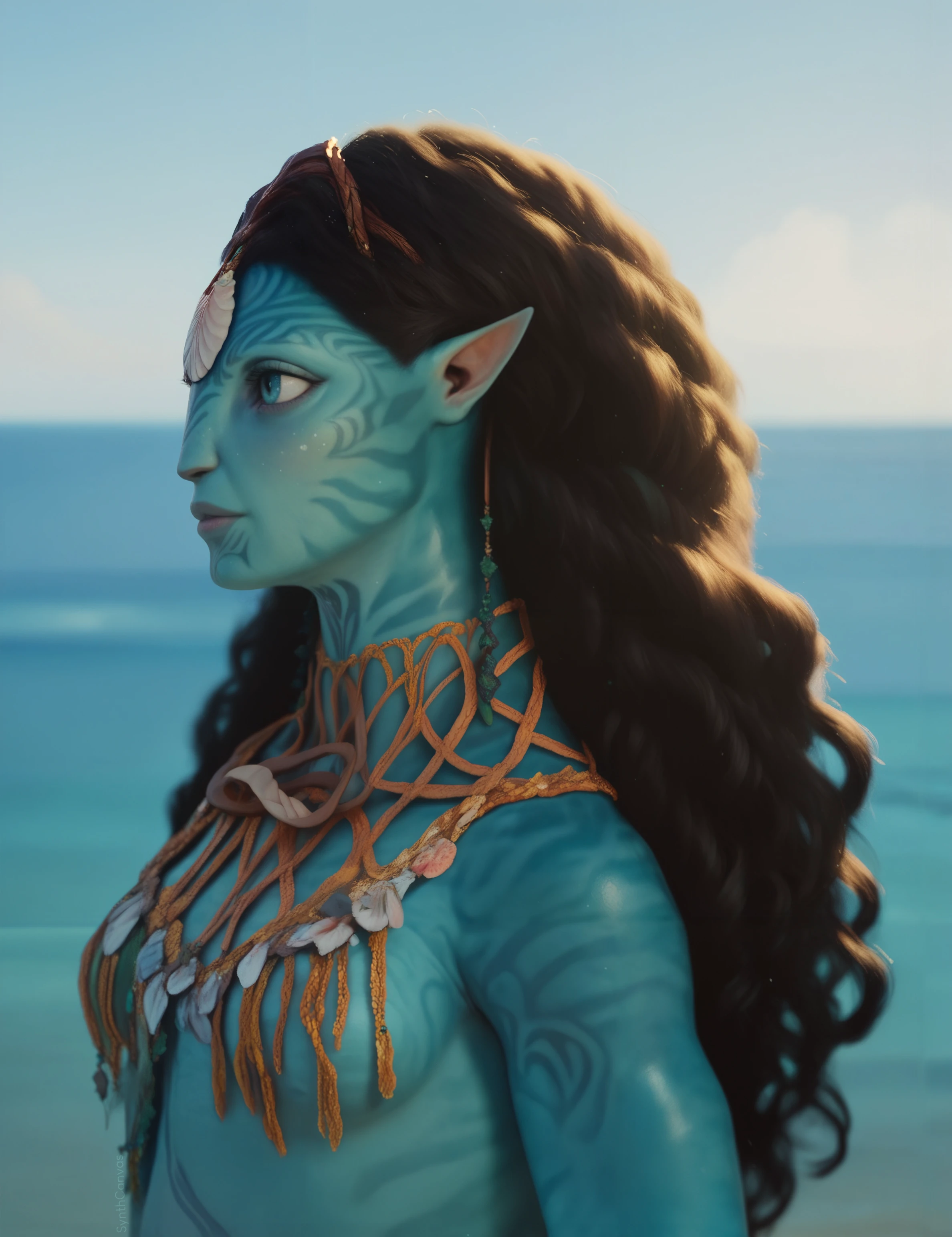 <lora:Ronal_Avatar-The_Way_of_Water_Test:1> Ronal, 1girl, solo, portrait, blue skin, face tattoos, ocean at the background, blue eyes, pointed ears, necklace, frontal view, beautiful female, black curly hair, side view, looking at the distance, waist, score_9, score_8_up, score_7_up, score_6_up, score_5_up, score_4_up