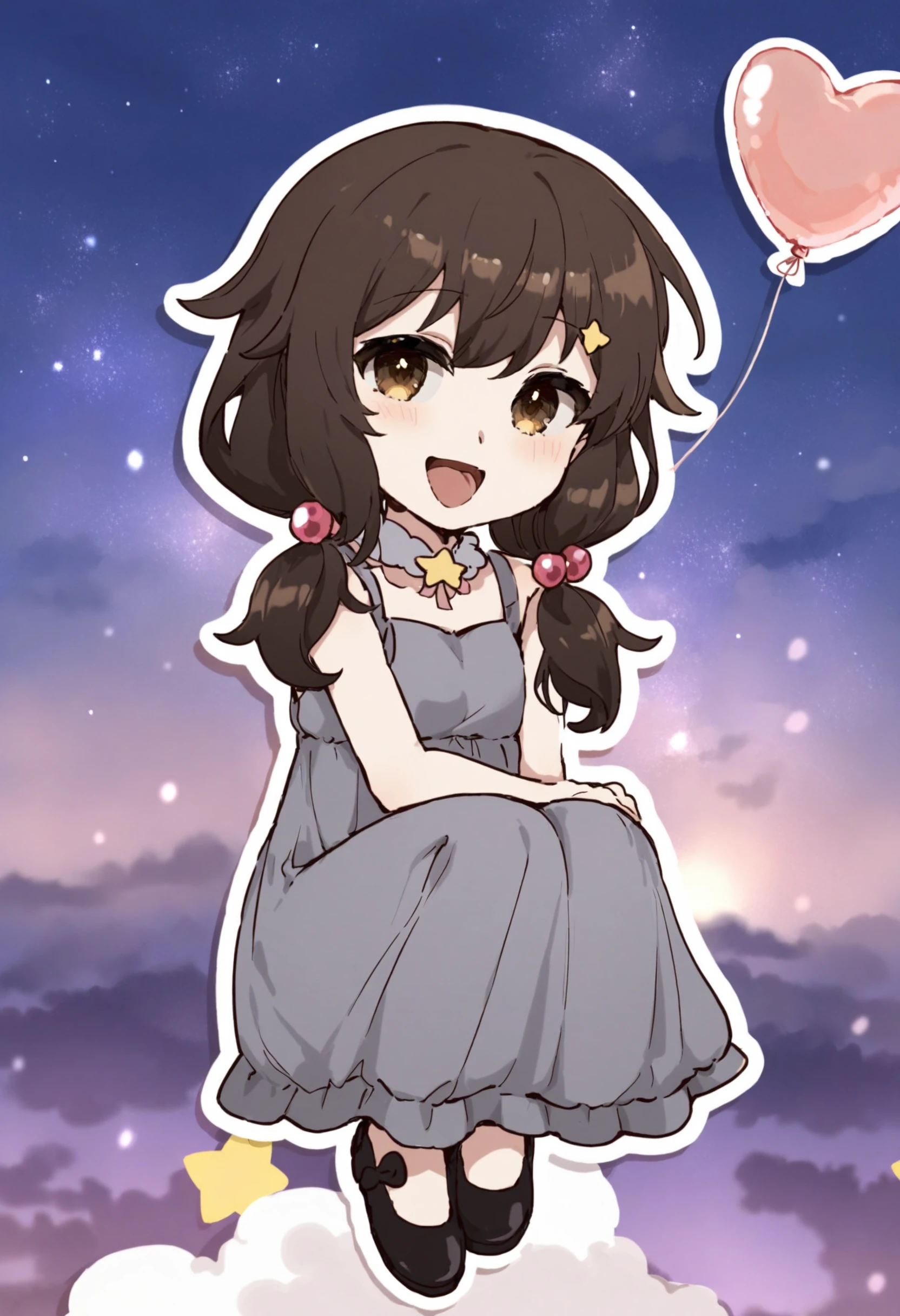 masterpiece, best quality,1girl,   solo, (outline:1.3), white pantyhose, ahegao, scenery, night, star, (sky:1.1), (sky:1.1), starry sky, night sky, hugging own legs, heart balloon, tongue out, sitting, black hair, brown eyes, pantyhose, shoe dangle, balloon, tongue, blush, twintails, black footwear, low twintails, hair ornament, star \(sky\), open mouth, grey dress, balloon trashh, heart, chibi, :d, full body, white outline, brown hair, blue sky, smile, hair bobbles, shoes, looking at viewer, dress, long hair, cloud
 <lora:killowXLlokr8f-000178:0.95>