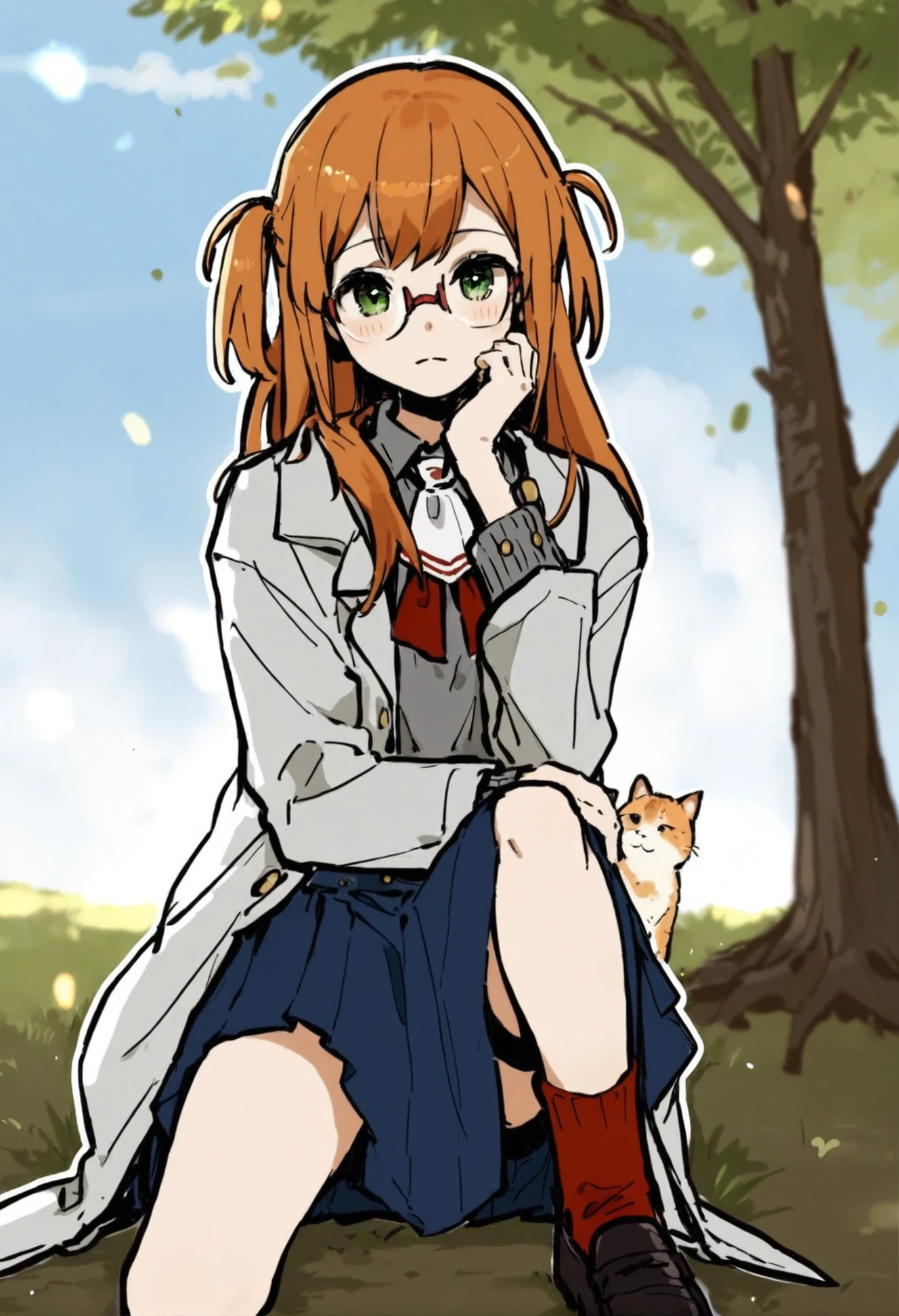 masterpiece, best quality,1girl, solo, (outline:1.5), white pantyhose, sister, outdoors, sky, school uniform, tree, siblings, glasses, orange hair, grass, orange cat, shoulder belt, skirt, blue sky, white ascot, white outline, closed mouth, two side up, full body, lab coat, ascot, long hair, black footwear, looking at viewer, open clothes, green eyes, blue skirt, loafers, long sleeves, red-framed eyewear, arm support, sitting, pantyhose, shirt tucked in, eyelashes, dirt, light particles, semi-rimless eyewear, frown, grey shirt, oogai daiichi middle uniform, single sock, single leg pantyhose, pleated skirt, socks, twitter username, open jacket, head rest, jacket, red socks, asymmetrical legwear, sunlight, shoes, blush, shirt, sailor collar
<lora:killowXLlokr8f-000178:0.95>