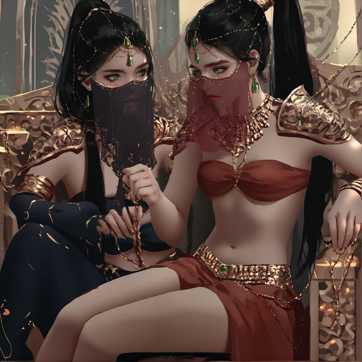 <lora:Wlop_Style_v2_PonyXL:0.8> wlop, by wlop, score_9, score_8_up, score_7_up, score_6_up, score_5_up, score_4_up, source_anime, rating_safe, 2girls, arabian clothes, bandeau, black hair, chain, cousins, earrings, freckles, gold chain, green eyes, head chain, highres, jewelry, lips, lipstick, long hair, looking at another, makeup, mouth veil, multiple girls, ponytail, princess aeolian, princess lylian, red lips, shoulder pads, sitting, throne, veil,