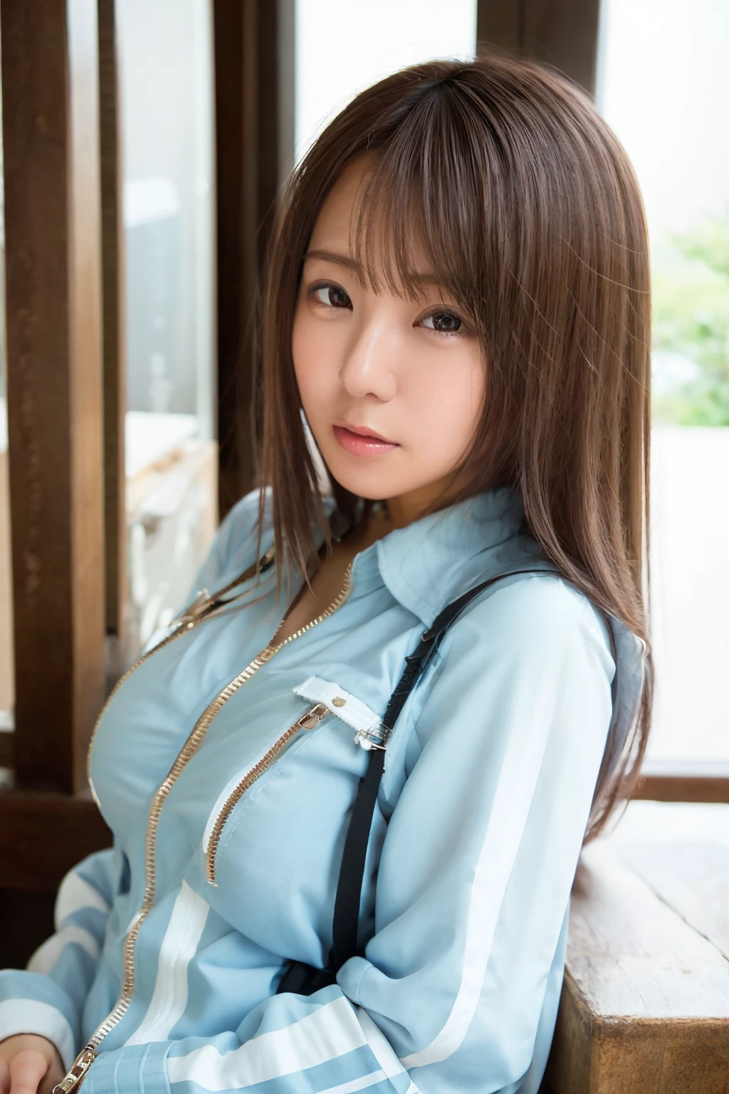 <lora:mion328:0.9>,masterpiece,best quality,1girl,solo,realistic,brown hair,brown eyes,lips,long hair,photorealistic,ultra detailed,looking to the viewer,upper body,mion sonoda,partially_unbuttoned,partially_unzipped,chinese_clothes,