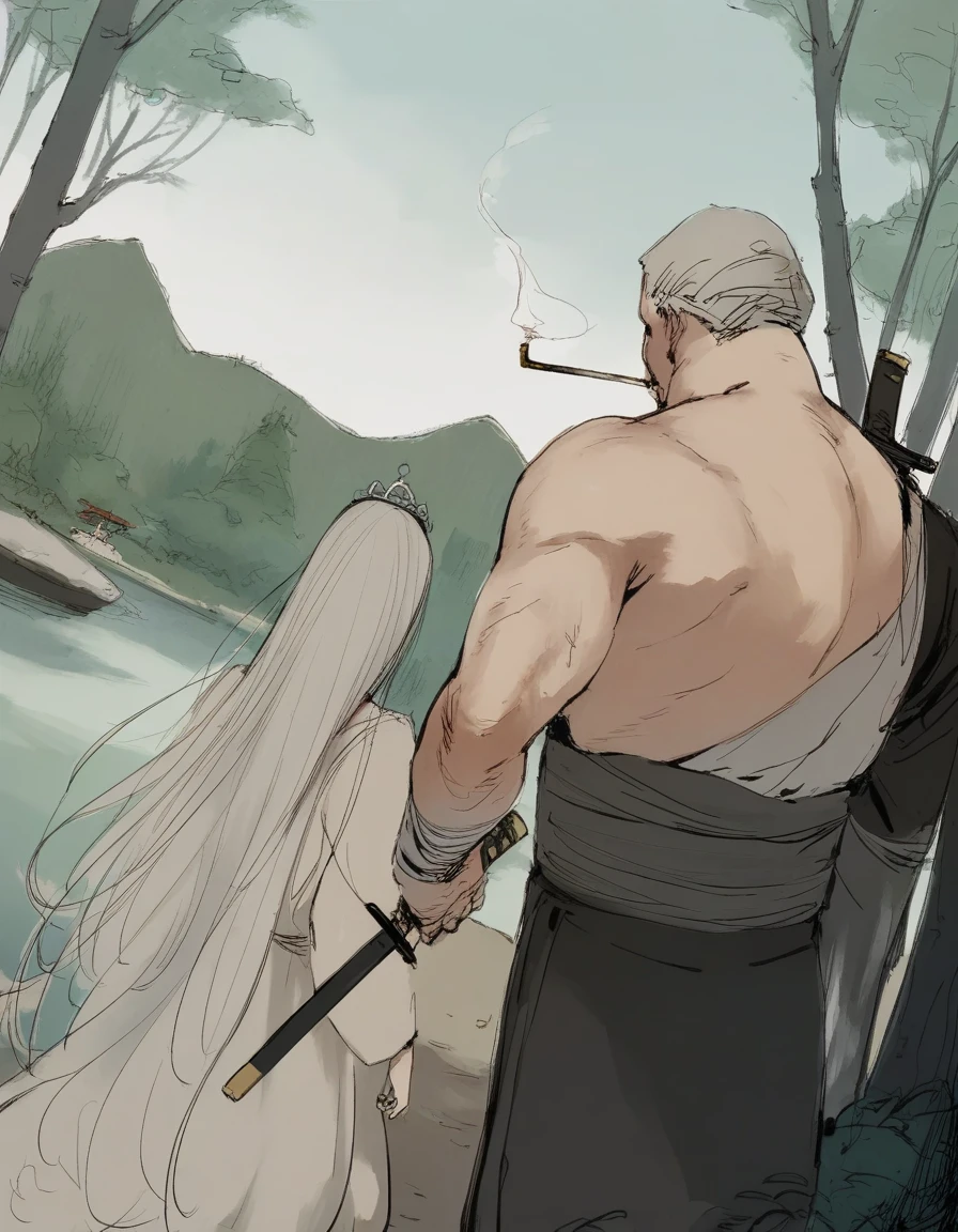 score_9, score_8_up, score_7_up, mature male samurai from behind, river, smoking pipe, very long hair, muscular male, holding sword, katana, 1girl with long hair, father and daughter, dutch angle, princess, tiara
<lora:otohime_style_pony6_v1:1>sketch