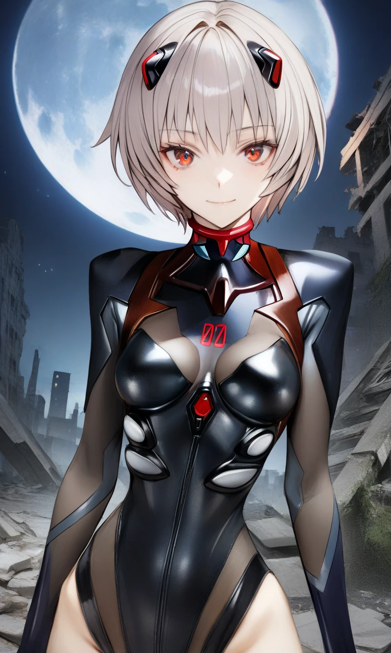 1girl, reishin, 
plugsuit, 
looking at viewer, light smile, upper body, straight-on, 
outdoors, ruins, night, moon, 
masterpiece, best quality, very aesthetic, absurdres, by nyatabe, 
<lora:ReiShinFlare_XL:0.7><lora:Nyatabe_XL:1>