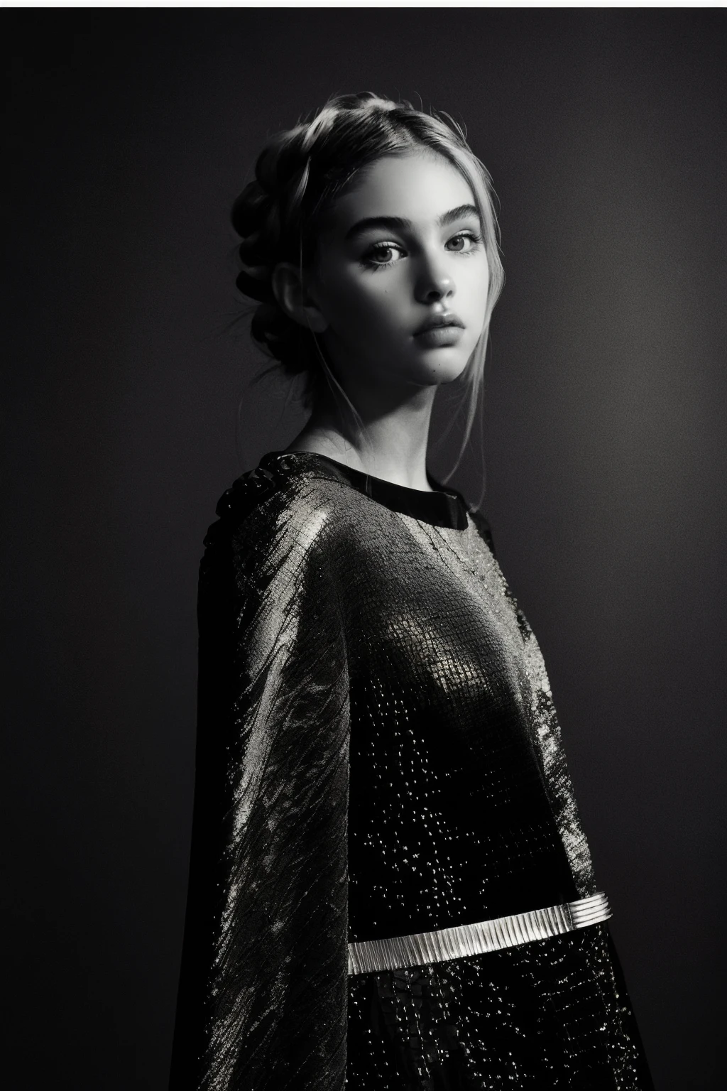 a fashion portrait of a beautiful super model wearing haute couture of Spearmint, photo by diane arbus, professional medium format film, sharp focus, autumn, evening, colorful, abstract background, (upper body:1.4), skinny, platinum blonde hair, blue gray eye pupil, tall, walking, <lora:weber:0.9> bright, black & white, monochrome, dynamic angle,