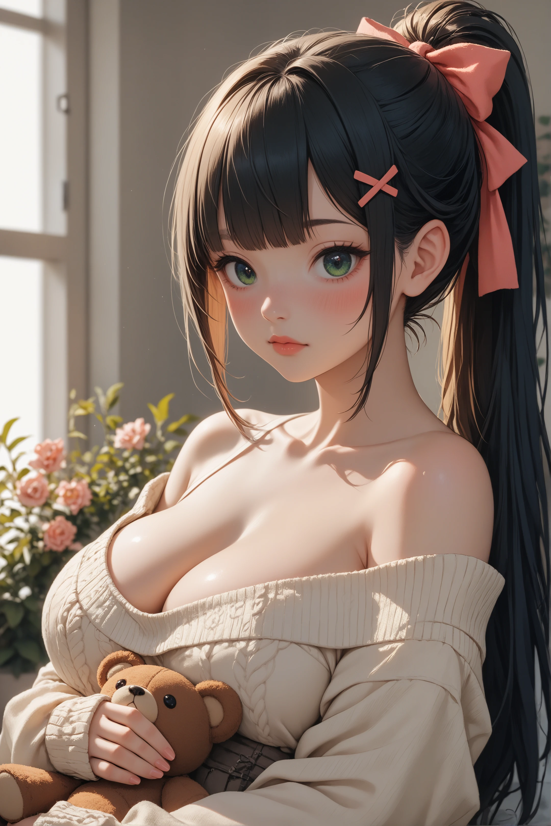 score_9, score_8_up, score_7_up, one girl, solo, long hair, up ponytail, blunt bangs, green eyes, blush, large breasts, cleavage, narrow waist, bow, hair bow, hairclip, x hair ornament, sweater, long sleeves, bare shoulders, off shoulder, sleeves past wrists, holding stuffed toy, looking at viewer, object hug, stuffed toy, stuffed animal, teddy bear, upper body