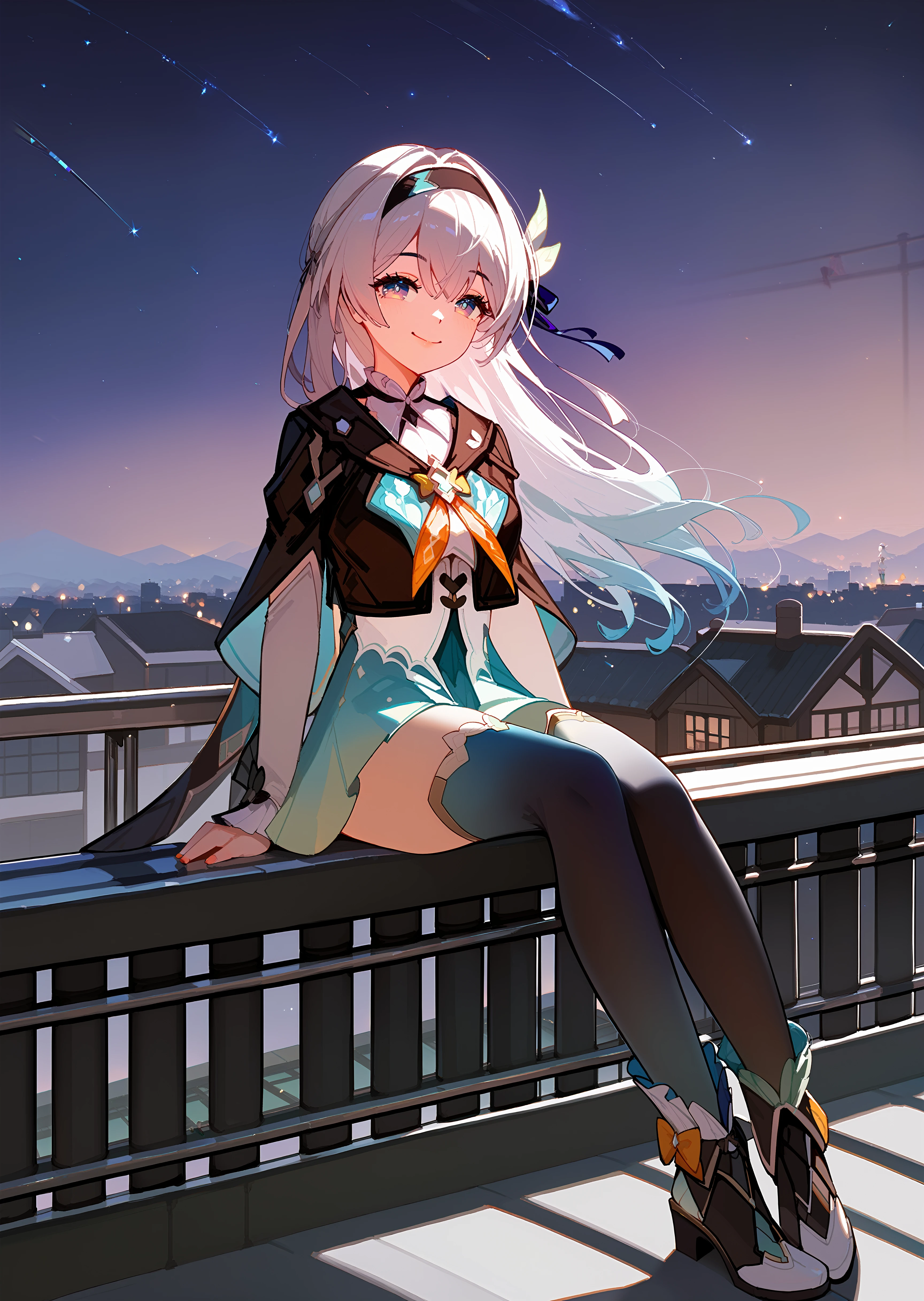 score_9, score_8_up, score_7_up, 1girl, fireflyhsr, hairband, gradient thighhighs, boots, sitting on the roof, smile, closed mouth, starry sky, railing, <lora:firefly-strPO-v1b-000008:0.9>