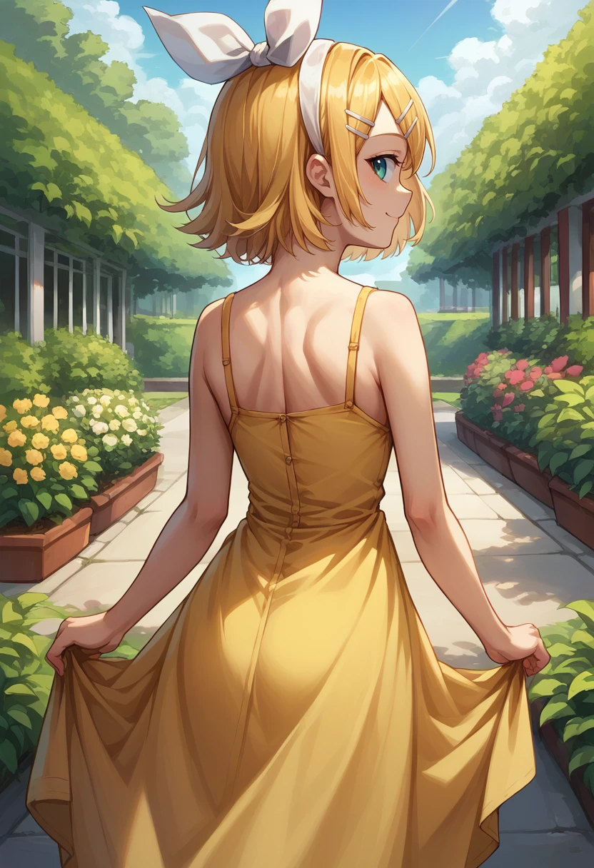 score_9, score_8_up, source_anime, 1girl, solo, KagamineRin, short hair, hairclip, white hairband, hair bow, from behind, yellow sundress, garden, day, sunshine, smile, looking back, <lora:ChamKagamineRinPonyXL:1>