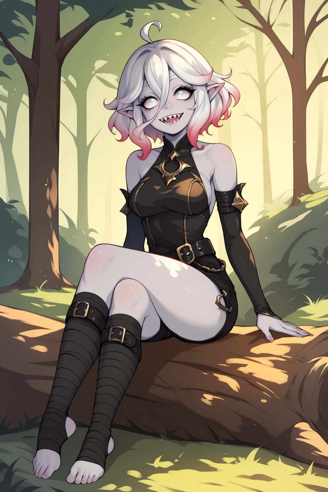score_9, score_8_up, score_7_up, score_6_up, score_5_up, score_4_up, BriarLoLXL, white eyes, colored sclera, white hair, multicolored hair, gradient hair, short hair, hair between eyes, ahoge, pointy ears, sharp teeth, pale skin, grey skin, colored skin, medium breasts, bare shoulders, black thight dress, jewelry, detached sleeves, black shorts, belt, (black bandaged leg:1.2), black legwear, toeless legwear, sitting, seductive smile, looking at viewer, forest, tree <lora:BriarLoLXL:0.8>