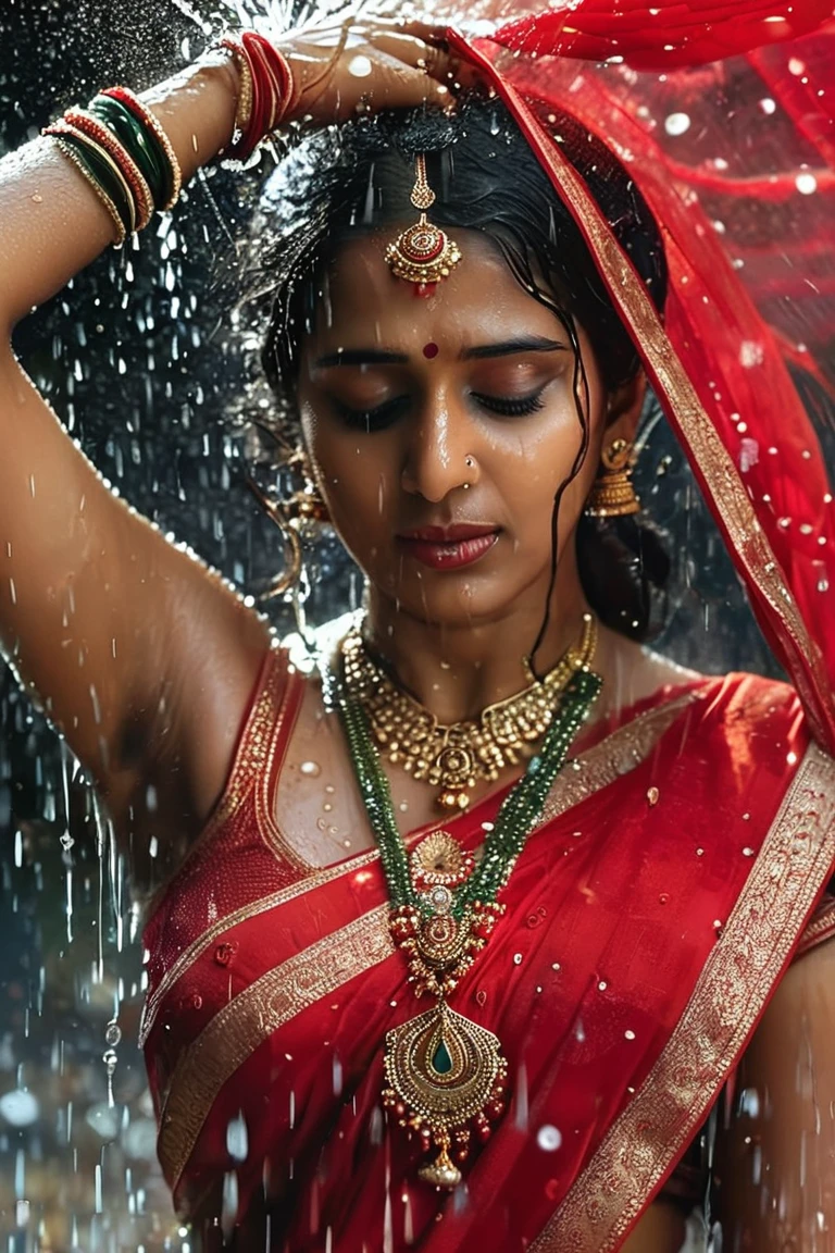 The image features an Indian woman with traditional jewelry and a red sari, captured in the midst of being drenched by falling water.<lora:potrait-woman-adafactor-step00000700:0.7>