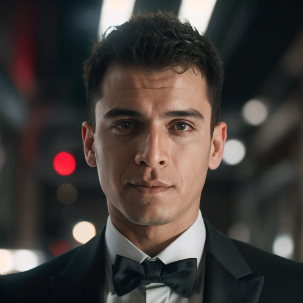 DLSR photo of hectorsta person using a tuxedo, face portrait, in blade runner, daylight, professional photography, high resolution, detailed photo, RAW, still film, f/16, uhd, hdr, 4k   <lora:hectorsta_61200:1>