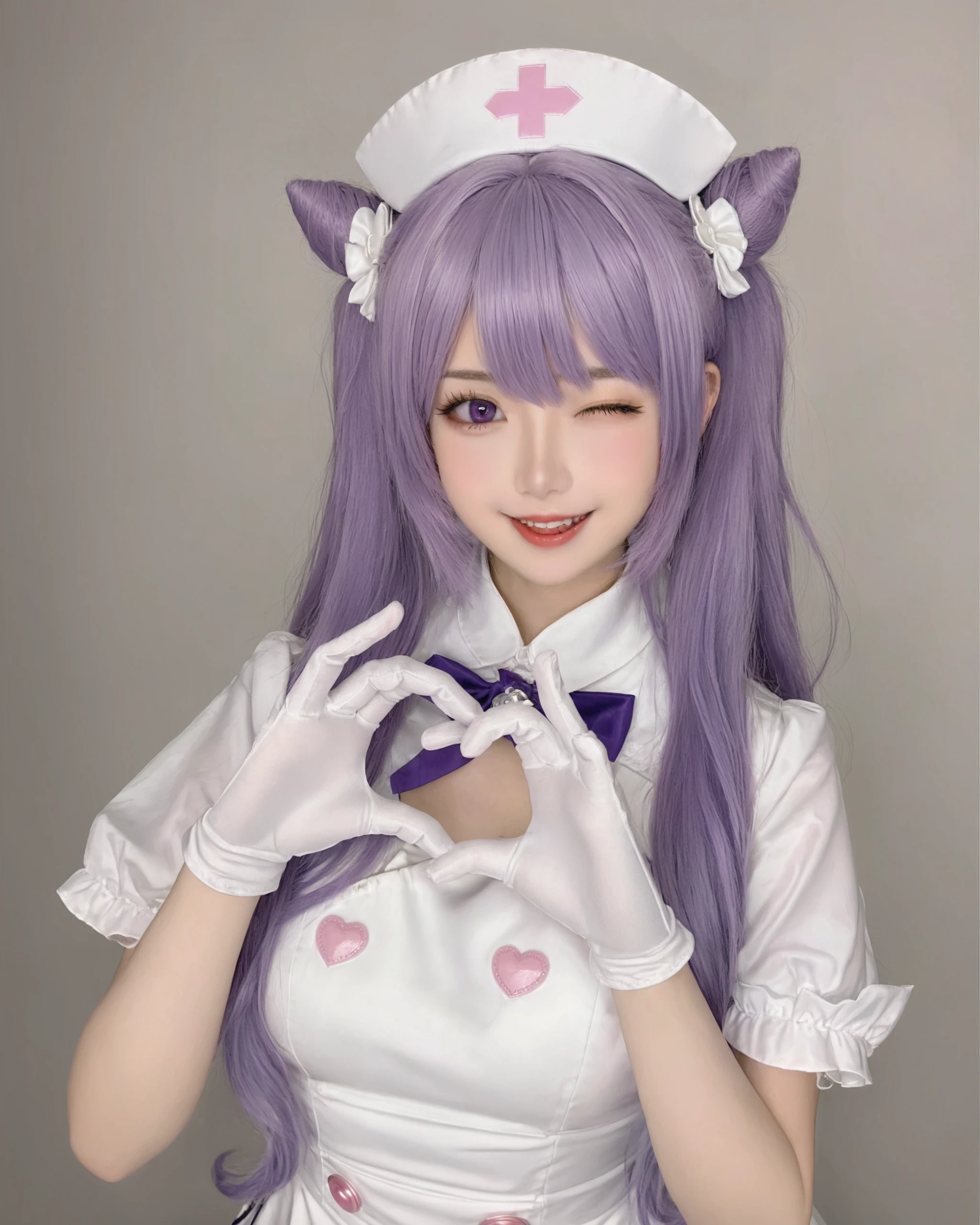 Score_9, Score_8_up, Score_7_up, keqing \(genshin impact\), 1girl, hat, one eye closed, cone hair bun, solo, nurse cap, gloves, purple hair, hair bun, heart, long hair, heart hands, purple eyes, looking at viewer, nurse, white gloves, hair ornament, bow, double bun, open mouth, twintails, teeth, dress, bangs, upper body, hair bow, white dress, smile, short sleeves, fangs
