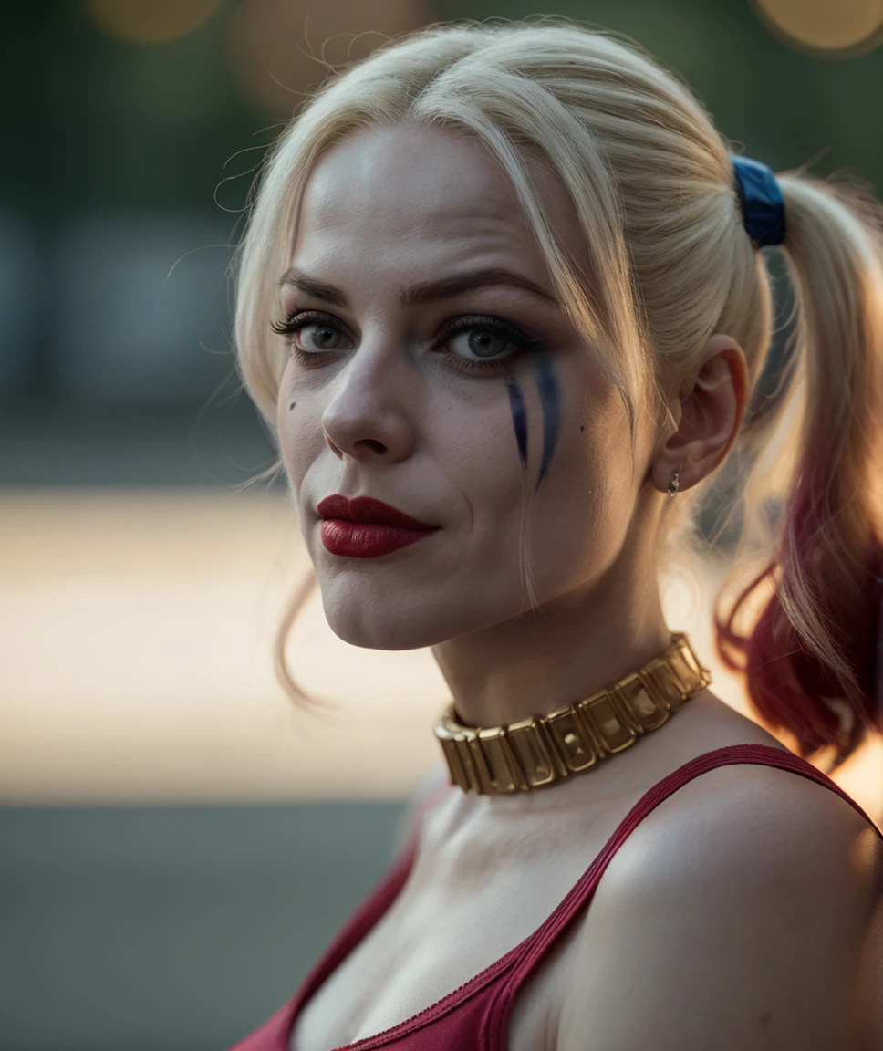 cinematic film still , <lora:quiron_HarleyQuinn_v1150_Lora:0.67> harleyquinnquiron, harleyquinn, makeup, solo, lipstick, looking at viewer, . shallow depth of field, vignette, highly detailed, high budget Hollywood movie, bokeh, cinemascope, moody, epic, gorgeous, film grain, grainy