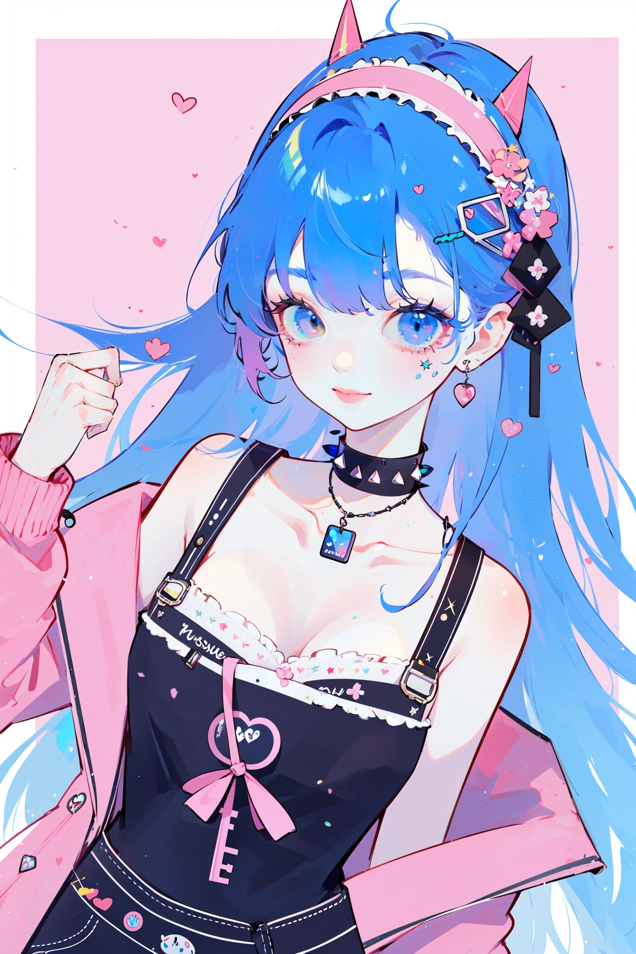 ((best quality, masterpiece, absurdres, super-resolution)), sweetheart key-hole, (kawaii), Punk Rock, chocker, (spikes), hair clips, hairband