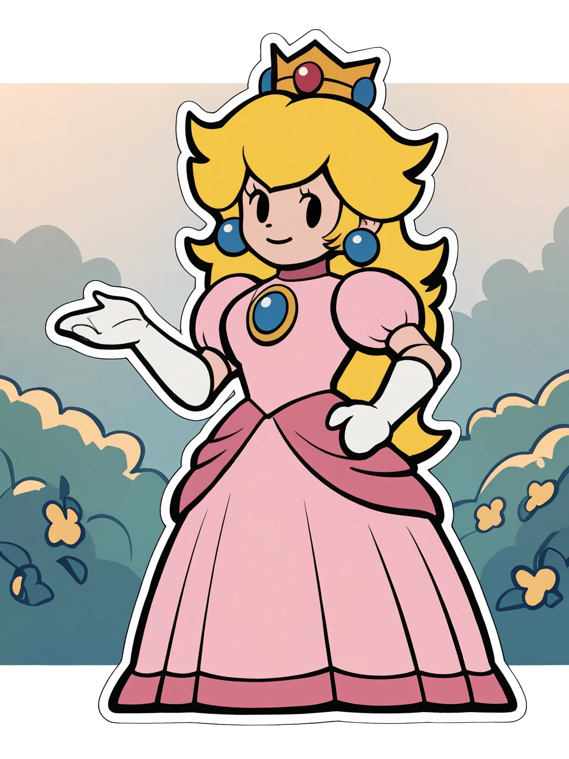paperpeach, 1girl, blonde hair, dress, solo, crown, long hair, pink dress, jewelry, earrings, white gloves, full body, solid oval eyes, smile, outdoors, looking at viewer, hand on own hip,white outline, score_9, score_8_up, score_7_up, score_6_up, score_5_up, score_4_up <lora:PaperPeachPony1.0:1>