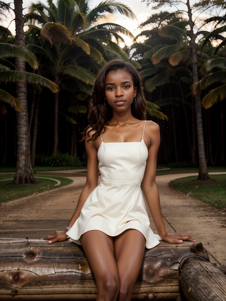 tv_Mariame_NDri_MXAI , calm expression, wearing a colorful sundress, sitting on a log at a misty forest pond, golden hour, shot from the side, PA7_Portrait-FL, (((Ultra-HD-details, Ultra-HD-detailed, Ultra-HD-realistic, Ultra-HD-photo-same-realistic-quality-details))), 8k uhd, dslr, soft lighting, high quality, film grain, Fujifilm XT3