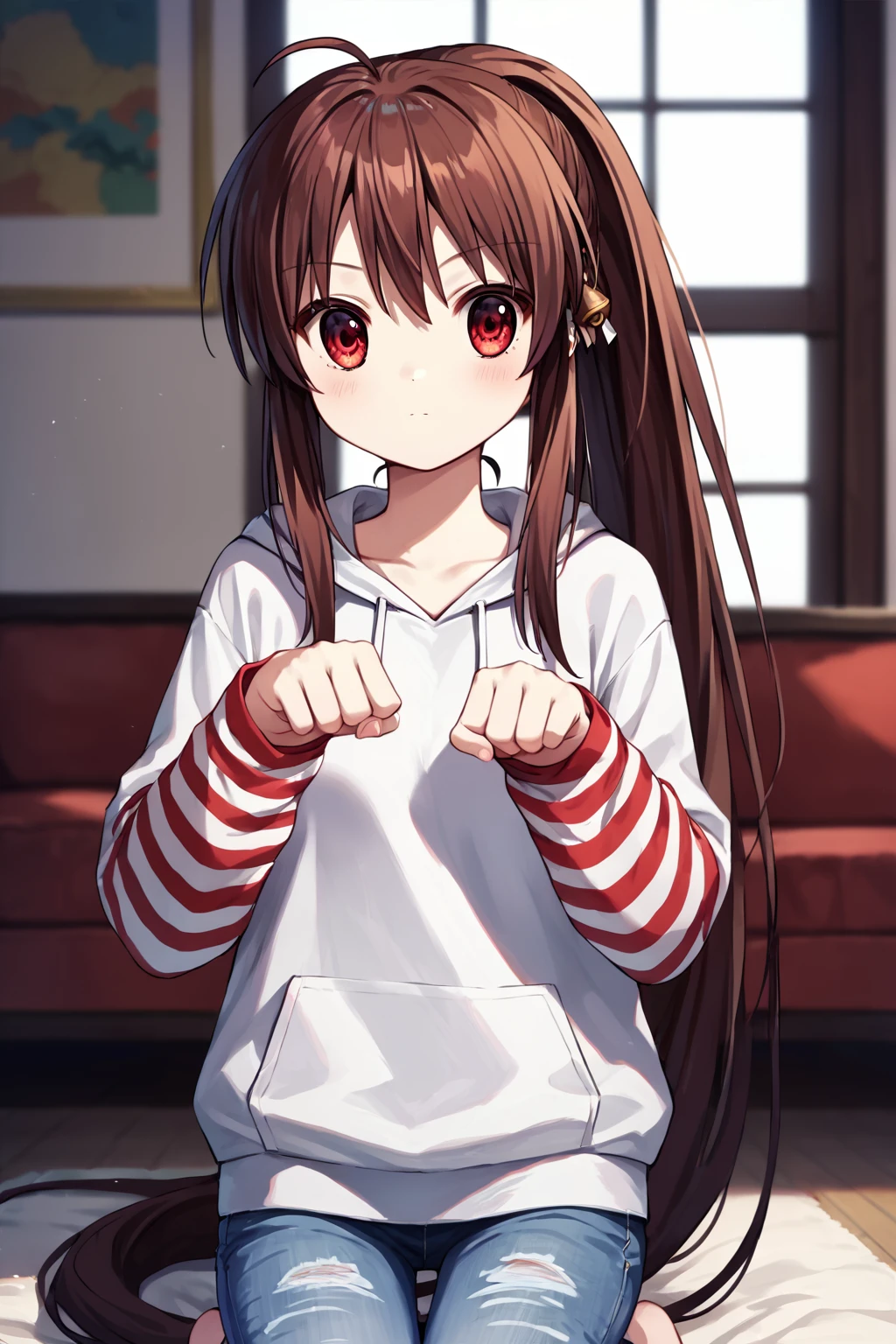 score_9, score_8_up, score_7_up, score_6_up, rating_safe, source_anime, best quality, masterpiece, detailed background, detailed eyes, cowboy shot, untucked shirt, living room, kneeling, paw pose, <lora:natsume-rin-xl-05:1>, natsume rin, bell_hair_ornament, long ponytail, small breasts, ahoge, red eyes, white hoodie, pink-red striped sleeves, denim capri pants,