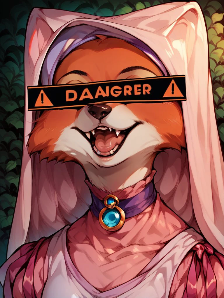 score_9, score_8_up, score_7_up, score_6_up, score_5_up,score_4_up,
maid_marian, pink dress, pink headwear, orange fur, DangerCensor, identity censor, fangs
<lora:Maid_Marian_XL-000002:0.7>
<lora:DangerEyeCensor_XLPD:1.2>