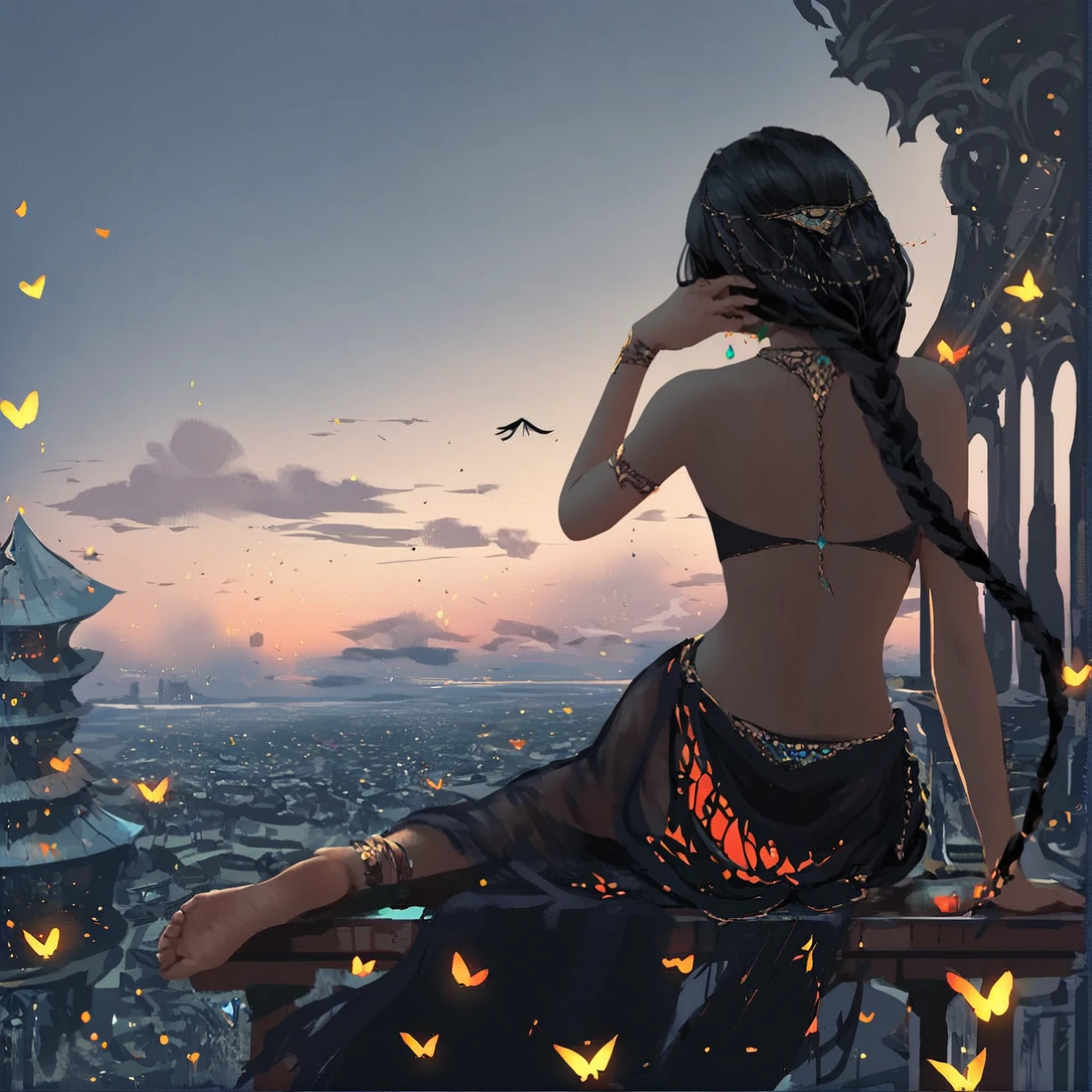 <lora:Wlop_Style_v2_PonyXL:0.8> wlop, by wlop, score_9, score_8_up, score_7_up, score_6_up, score_5_up, score_4_up, source_anime, rating_safe, 1girl, anklet, arm support, back, bare back, bare shoulders, barefoot, bikini, black bikini, black hair, braid, braided ponytail, bug, building, butterfly, circlet, city, cloud, cloudy sky, earrings, evening, facing away, fantasy, from behind, gem, glowing, hand on own face, harem outfit, insect, jewelry, long hair, magatama, magatama earrings, original, outdoors, reclining, sarong, single braid, sky, soles, solo, sunlight, sunset, swimsuit, table, very long hair, lo, weapon, wind