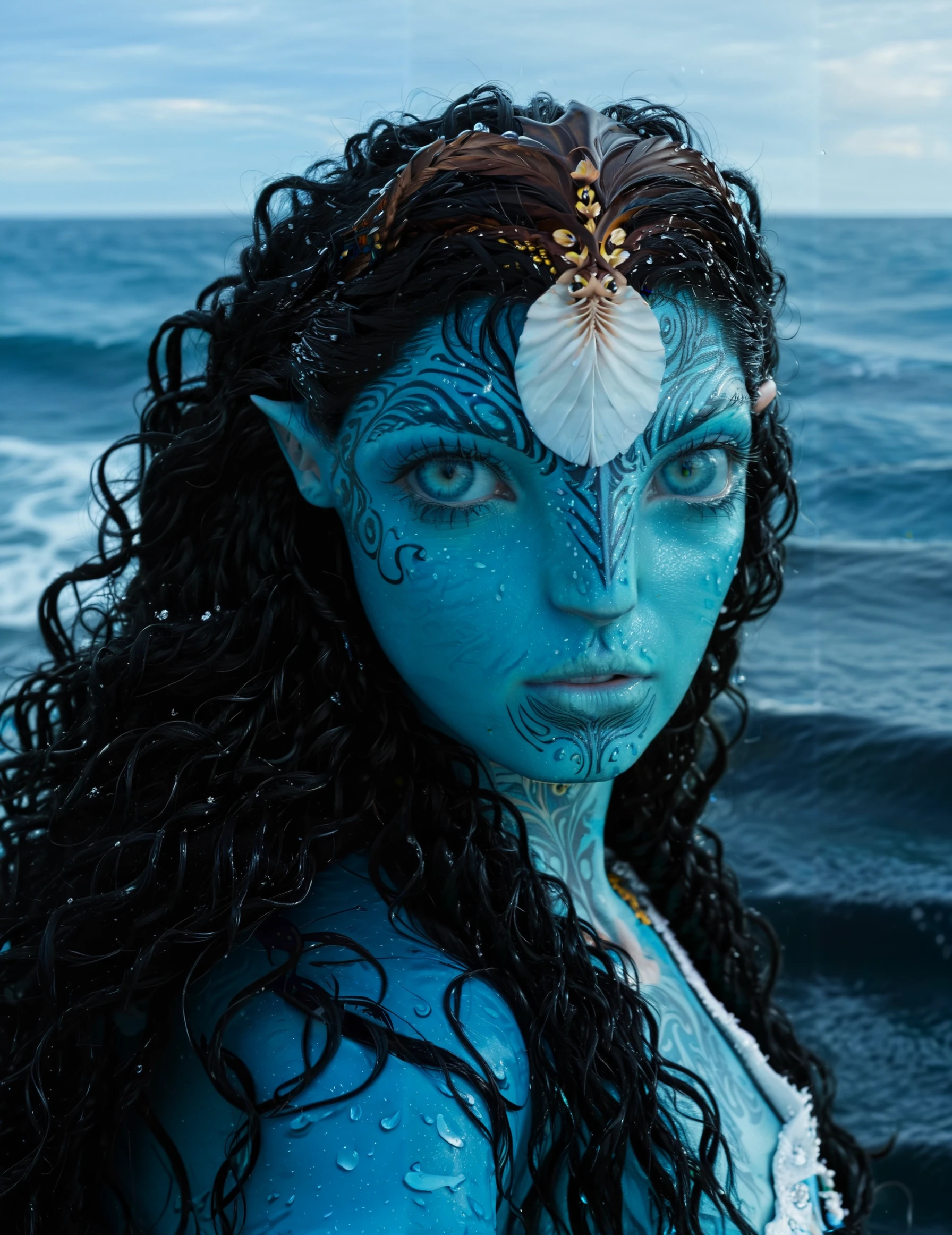 <lora:Ronal_SD_XL:1> ronal, portrait, blue eyes, curly long black hair, woman, blue skin, sea background, wet, professional photography, face tattoos, headwear