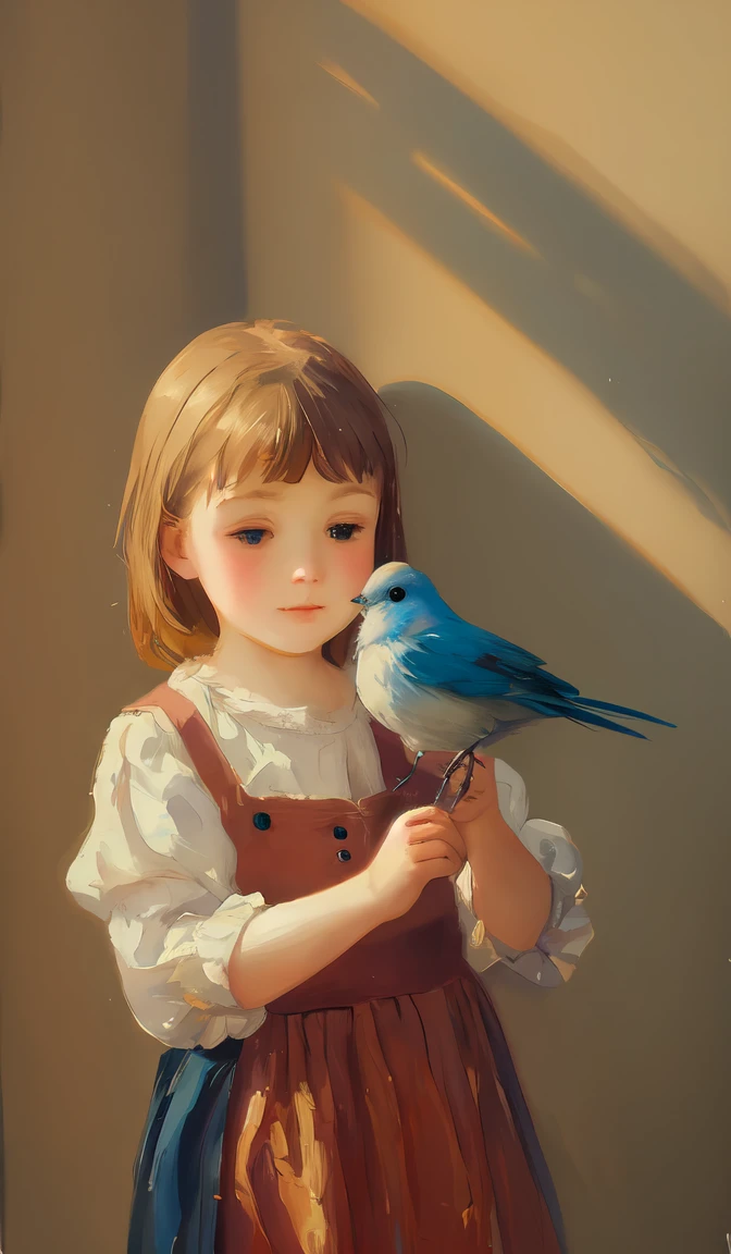 impressionist painting of an ***** girl holding a little bird, loose brushwork, vibrant color, light and shadow play, captures feeling over form