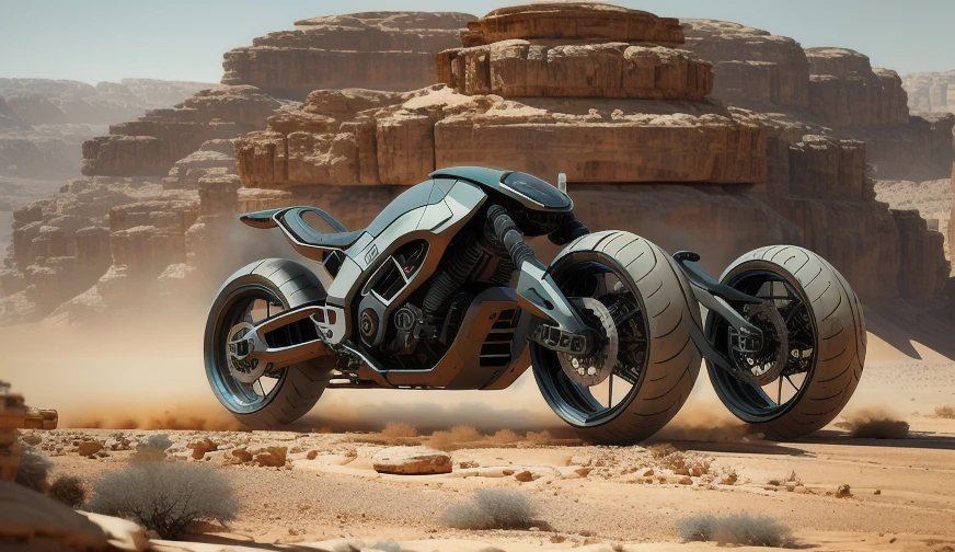 sci-fi motorbike are running between valley of desert mountion, mist, wide view, masterpiece, trending on Artstaion, 


