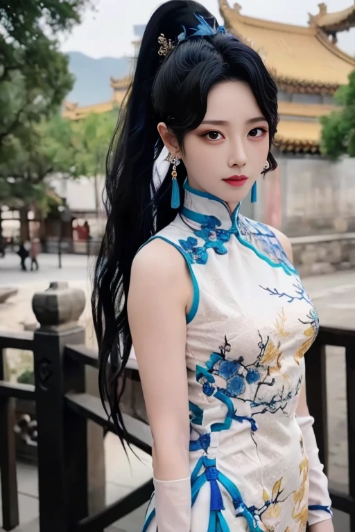 A woman in a blue and white dress with flowers in her hair, hanfu, palace, girl in hanfu, blue hanfu, white hanfu, wearing ancient Chinese costume, ((beautiful fantasy queen)), ancient Chinese princess, Chinese style, traditional Chinese clothing, ancient Chinese clothing, beautiful fantasy queen, Chinese princess, traditional beauty,