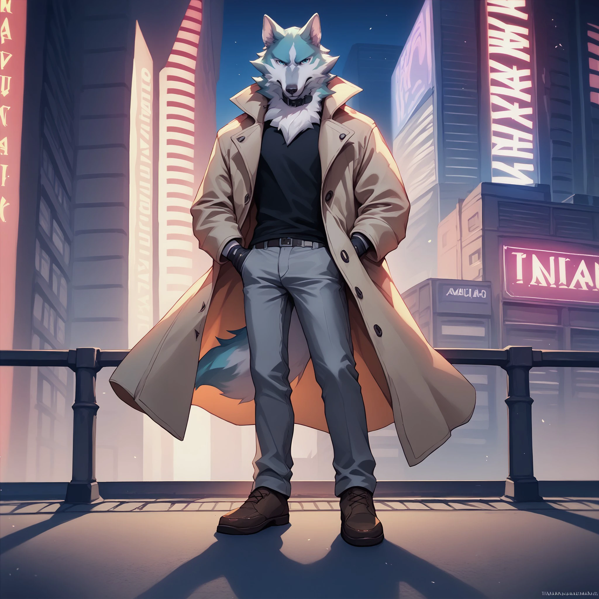 score_9, score_8_up, score_7_up, <lora:ShirouOgamiPonyXL:1>, shirou ogami, wolf anthro, trenchcoat, black shirt, collar, gloves, grey pants, brown shoes, standing on top of building, rooftop, detailed background, neon lights, city