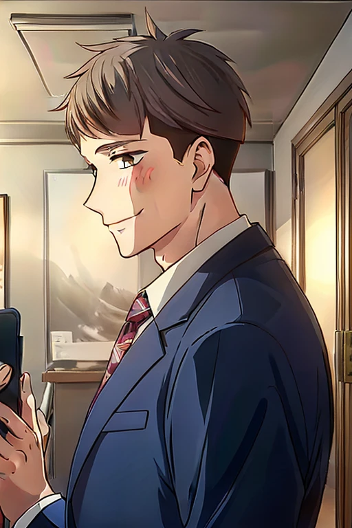 (((best quality,masterpiece,Ultra Details))),refined rendering,Anime style,1boy,male focus,solo,shirt,kentaro,necktie,suit jacket,formal,short hair,portrait,upper body,black eyes,long face,blush,smile,holding a smartphone,portrait,upper body,indoors,in the office,<lora:Kentaro V3-000011:0.7>,<lora:add_detail:0.75>,((pov of boyfriend,bird's eye view,side view down,Cyc lighting)),