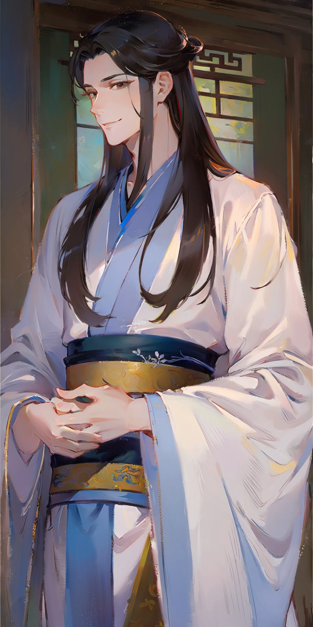 oil painting, (masterpiece), best quality, expressive brown eyes, long eyelashes, perfect face male face, 1guy , long  hair, ebony black hair, long hair,  separated hair, bangs pinned back, sweet smile, wearing a white hanfu, chinese clothes, hands holding a chinese flute, Lan xichen, <lora:1ec29057-50b9-4b9e-a340-5dbf91bafe48:0.3>