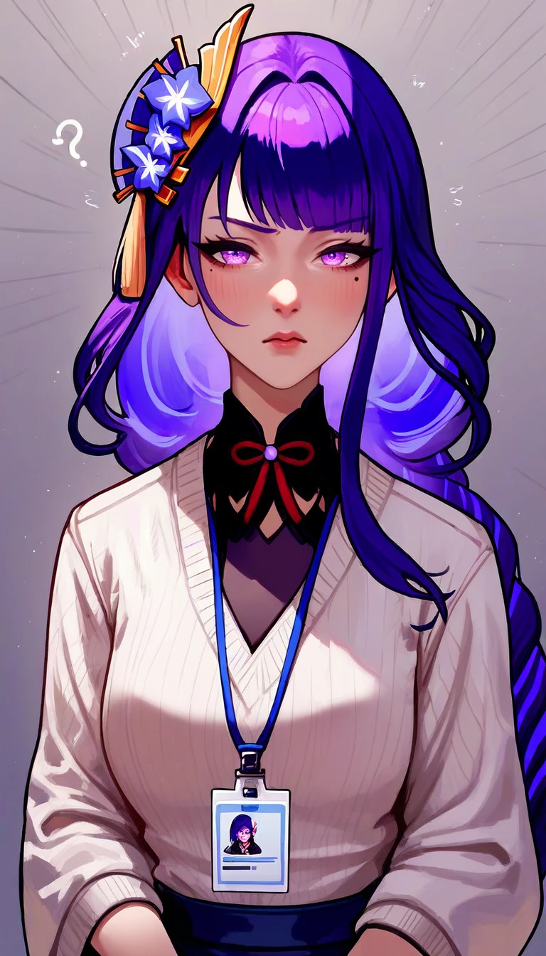 zPDXL, score_9, score_8_up, score_7_up, score_6_up, score_5_up, score_4_up, <lora:serafleur:1>, rating_safe,1girls,blush,braid,braided hair,clothed,clothes,clothing,female,female only,folded arms,hair,hair ornament,id card,long hair,mole,mole under eye,office lady,purple eyes,purple hair,raiden shogun,sigh,simple background,sweater