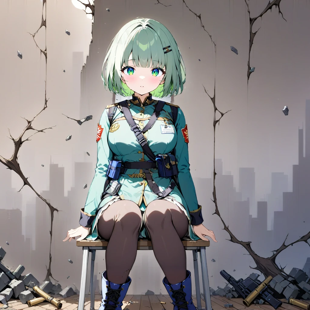 That's what V2 is for
BREAK 1girl, solo, bob cut, blunt bangs, light green hair, green eyes, military uniform, black boots, straps, nametag. rank insignia, FAMAS, seated, folding chair, window, [city:2], debris, wooden floor, cracked wall, holes in the wall, particle effect, bullets