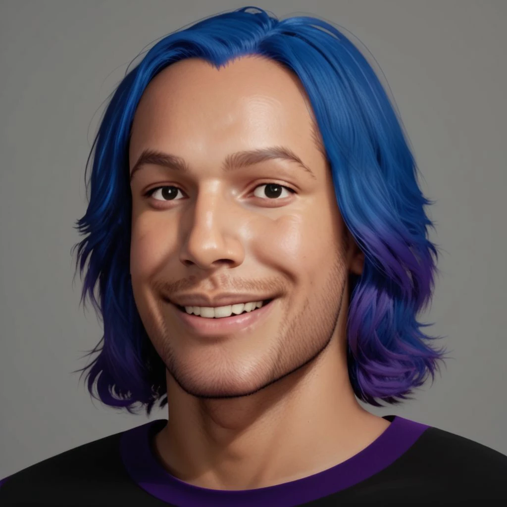 criss metaxvoor, 1boy, solo, male focus, realistic, blue hair, facial hair, grey background, shirt, black eyes, simple background, upper body, smile, stubble, looking at viewer,,  PonyXLV6_Scores zPDXL