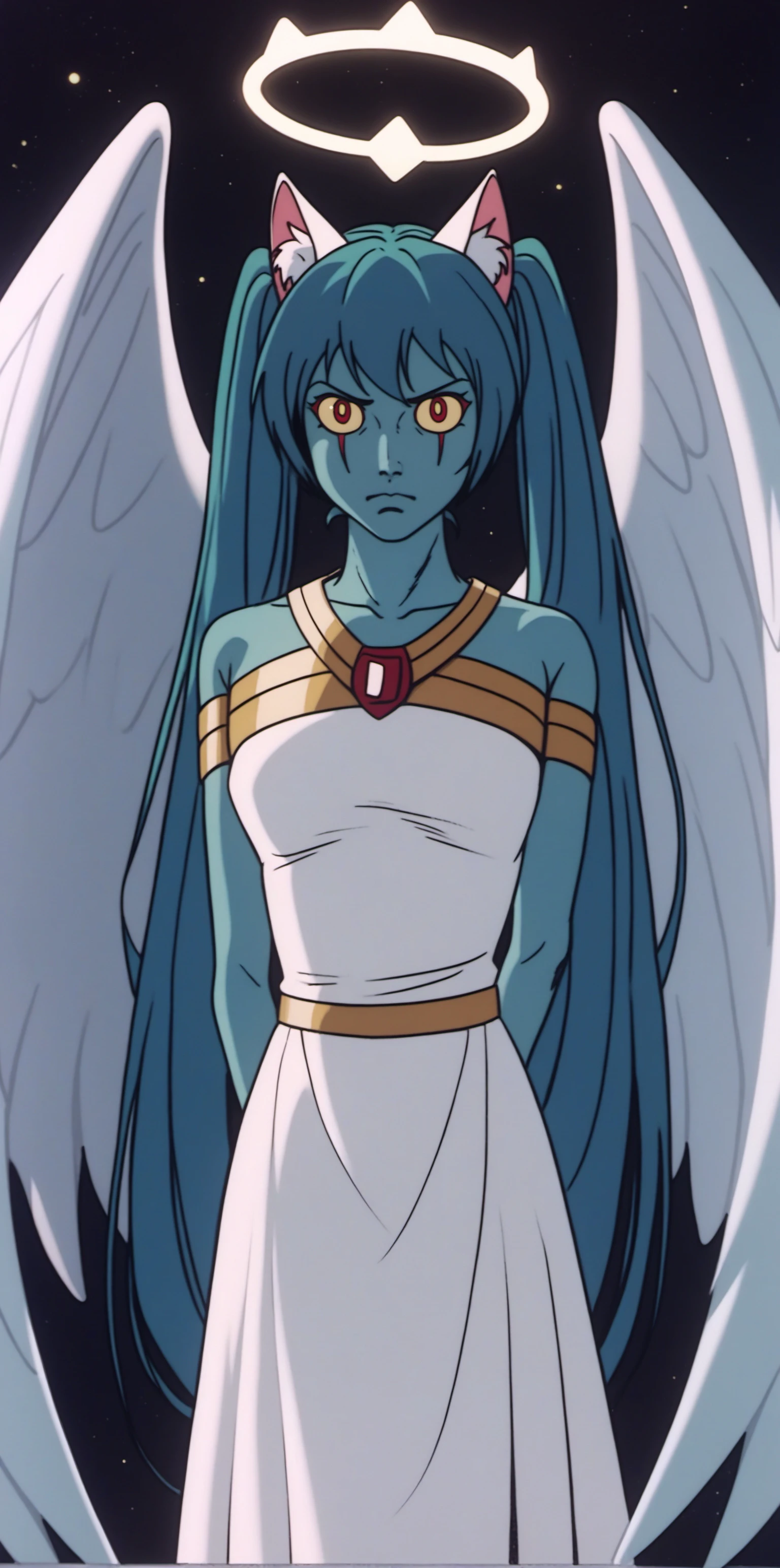 (DZVZRG:0.8), (score_9, score_8_up, score_7_up, score_6_up, source_anime:0.7), (MCDevil:1.1), solo, 1girl, catgirl, hatsune miku, long twintails, blue hair, white gown, angel, angel wings, golden halo, dark background, upper body, closed mouth, (blue skin:1.1), looking at viewer, arms behind back, blue theme, night, highres, 4k, 8k, intricate detail, cinematic lighting, amazing quality, amazing shading, soft lighting, Detailed Illustration, anime style, wallpaper, white animal ear fluff