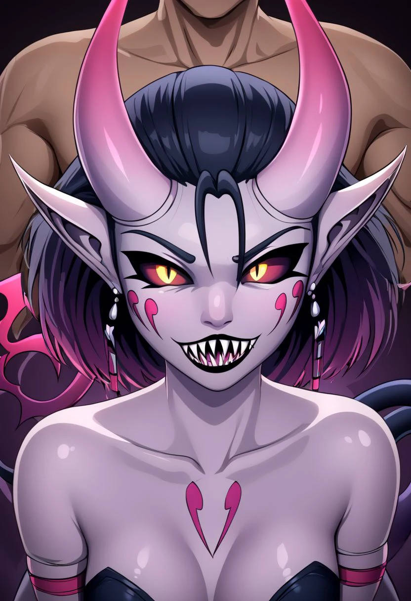 Close-up (pony face Fluttershy from little pony, volumetric light red eyes colour female pony long pink hair wavy angry pony face pony snout and showing vampire fangs teeth big boobs:1.5 Yellow skin bat ears and head bat wings demonic looking boobs nipples vagina background forest night sky star shooting star bright glowing red eyes on the dark saliva dripping mouth super scary face Demonic looking look at you veins showing bony snout