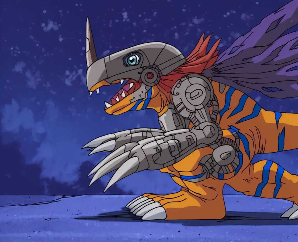 solo,metalgreymon,side view,band down,night scene,armor,horns<lora:metalgreymon-web:1>
