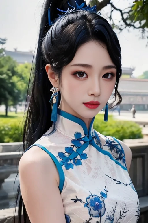 ltra-detailed,highly detailed,best quality,masterpiece,illustration,realistic,photorealistic,
yaodaoji, qinghuaci,
1girl, solo,
qipao,china dress, chinese clothes,
ponytail, hair ornament, long hair,
jewelry, earrings,
looking at viewer, upper body,
outdoors, nature, photo background,
<lora:yaodaoji_qhc_v1_08:0.7>