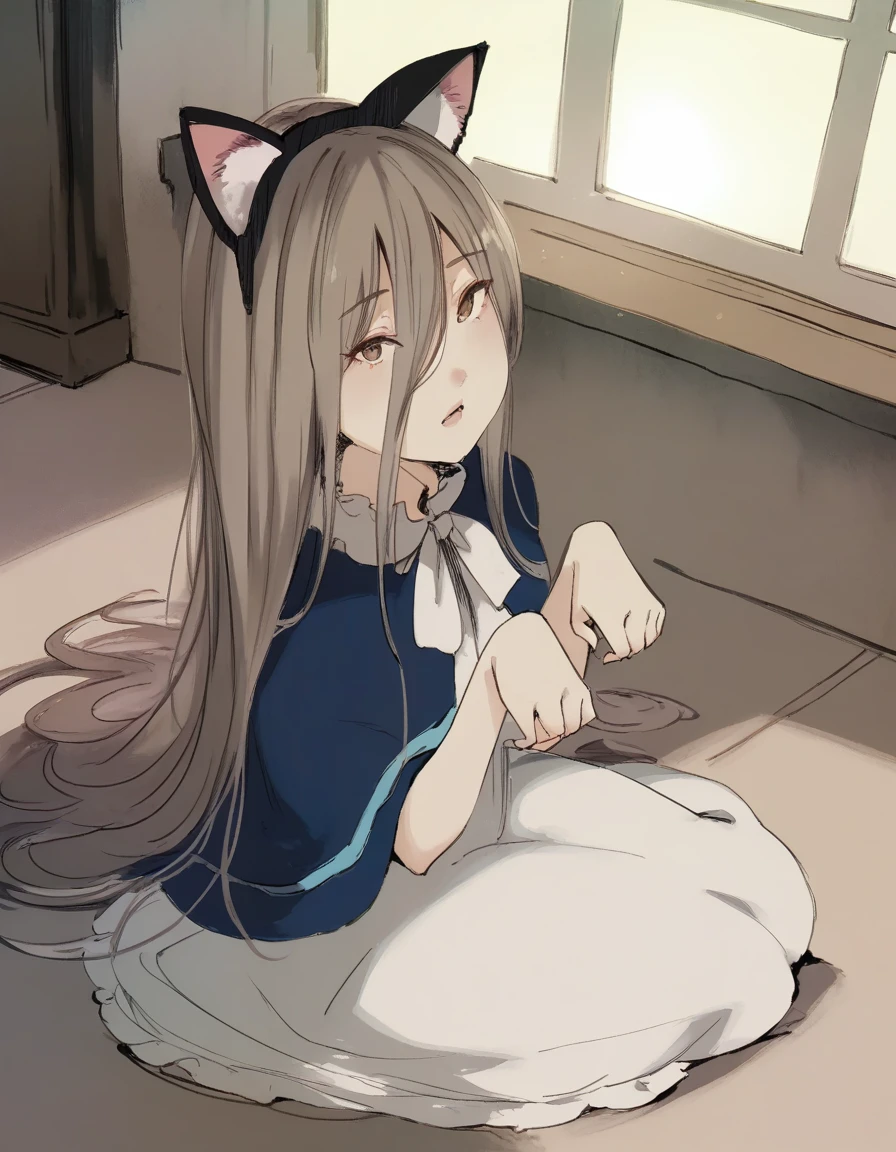 score_9, score_8_up, score_7_up, 1girl sitting on the floor, paw pose, open mouth, fake cat ears,castle, sunlight, window, from above, looking at viewer,
<lora:otohime_style_pony6_v1:1.2>sketch <lora:sense_sousou no frieren_PONY_last:0.6> sense \(sousou no frieren\),brown eyes,very long hair,absurdly long hair,hair between eyes,eyes visible through hair, blue capelet,frilled dress,white long dress