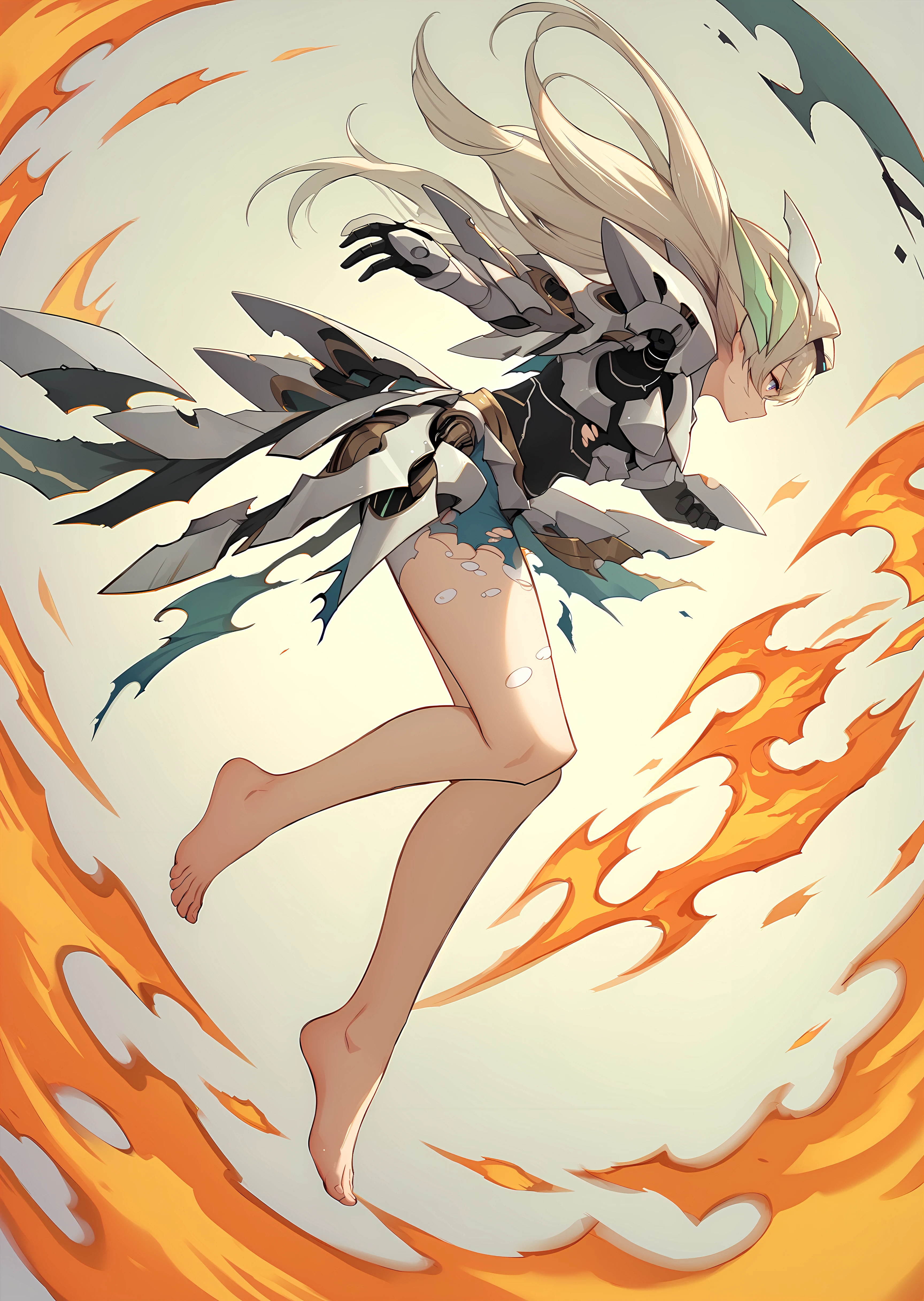 score_9, score_8_up, score_7_up, 1girl, solo, fireflyhsr, mecha musume, armor, torn clothes, bare legs, barefoot, from side, floating hair, fire, torn armor, <lora:firefly-strPO-v1b-000008:0.9>,