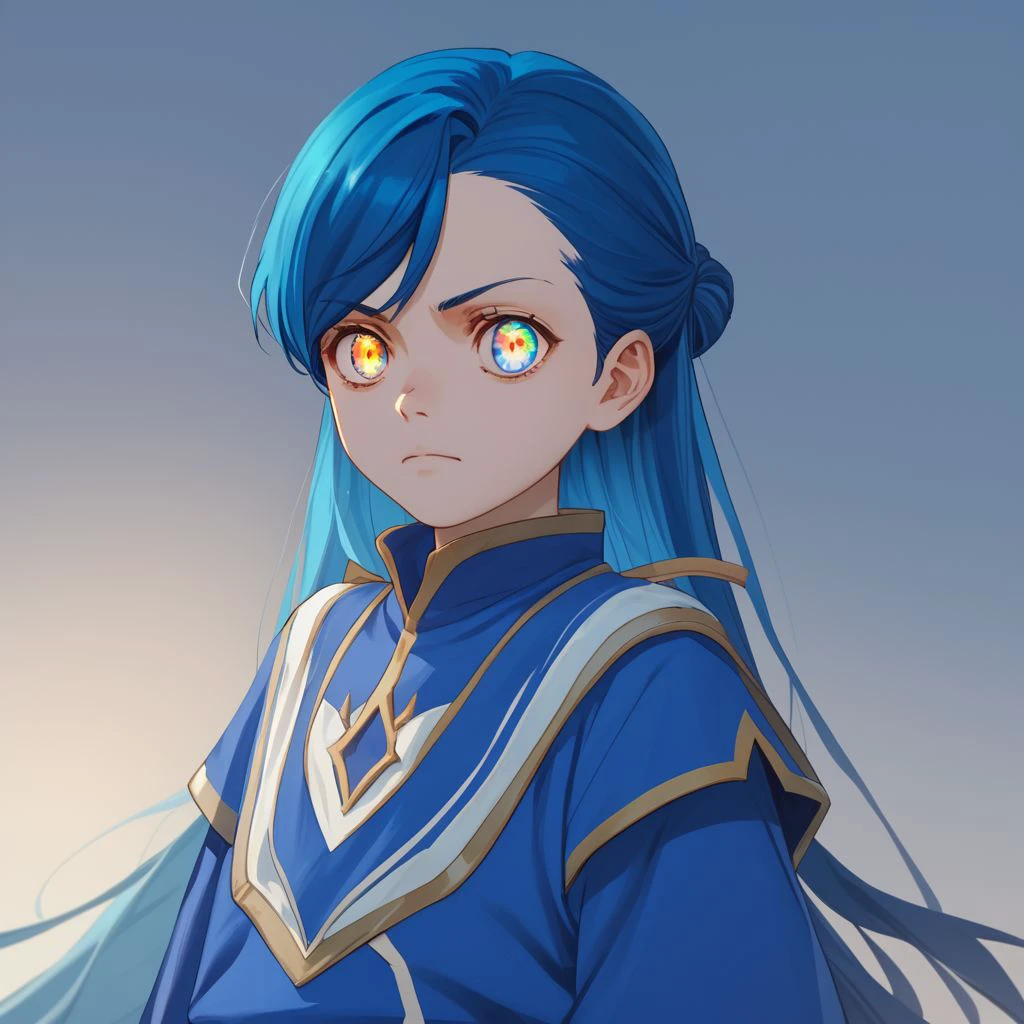 score_9, score_8_up, score_7_up, score_6_up, score_5_up, score_4_up, rating_safe, source_anime, myne, blue hair, multicolor eyes, glowing