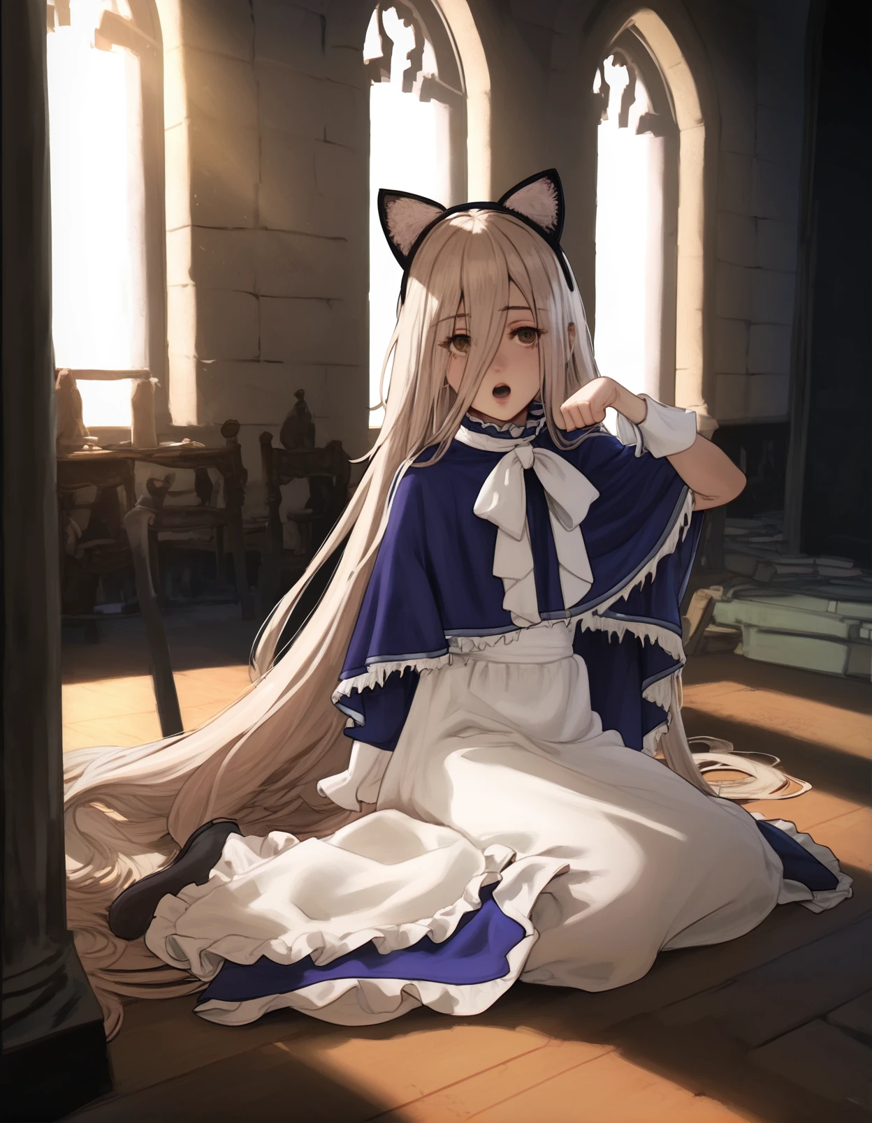 score_9, score_8_up, score_7_up, 1girl sitting on the floor, paw pose, open mouth, fake cat ears, castle, window, sunlight,
<lora:diathorn_style_pony6_v1:1> <lora:sense_sousou no frieren_PONY_last:0.6> sense \(sousou no frieren\),brown eyes,very long hair,absurdly long hair,hair between eyes,eyes visible through hair, blue capelet,frilled dress,white long dress