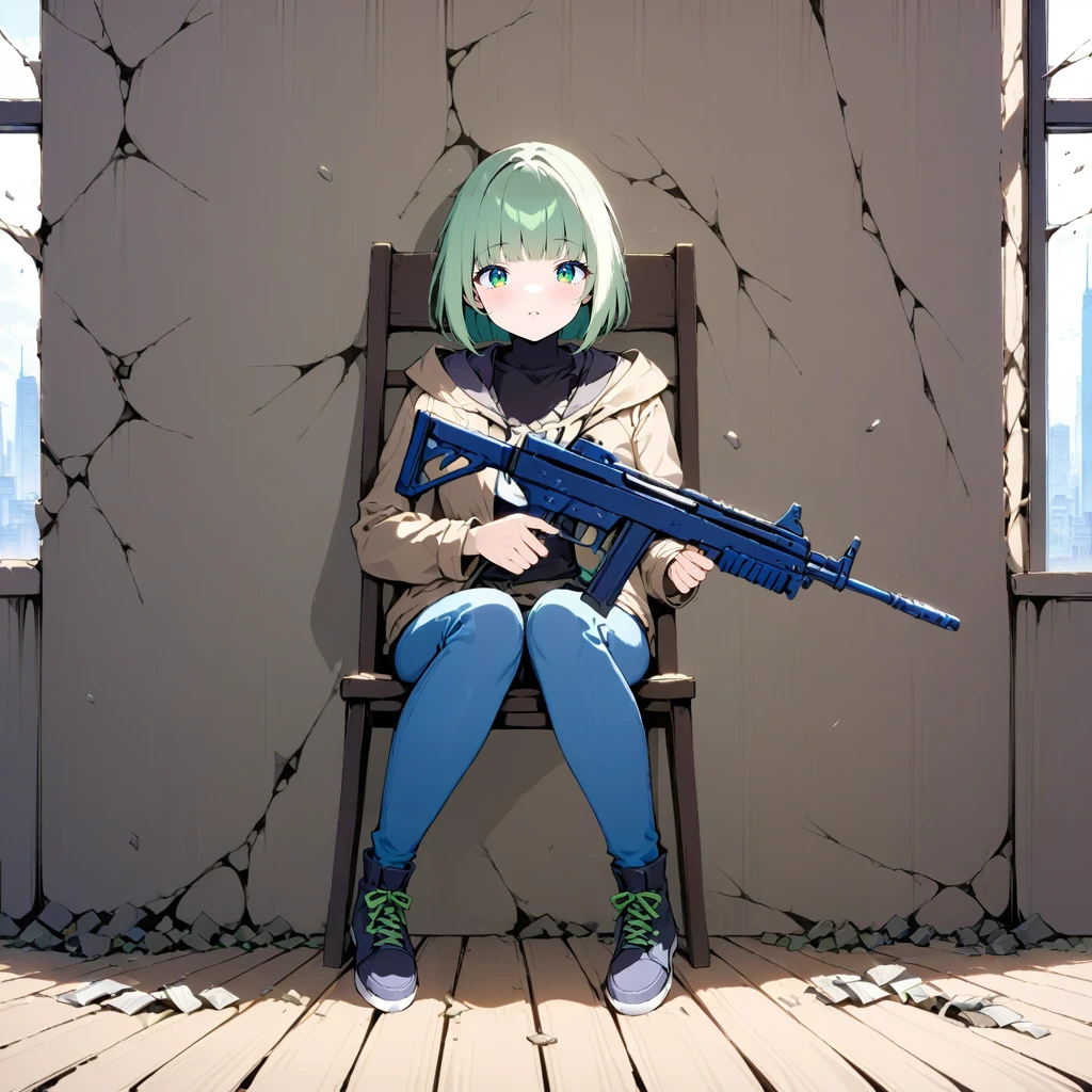 That's what V2 is for
BREAK 1girl, solo, bob cut, blunt bangs, light green hair, green eyes, brown jacket, jeans, black boots, holding rifle, FAMAS, seated chair, window, [city:2], debris, wooden floor, cracked wall, holes in the wall, particle effect, bullets