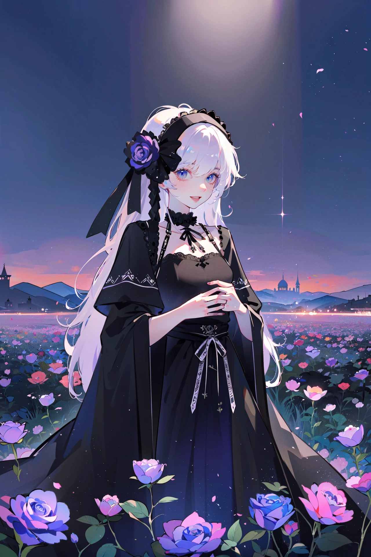 ((best quality, masterpiece, absurbres, super-resolution)), Gothic ancient Castle, black roses field, Black and Dark Purple, Dark tone, Landscape
