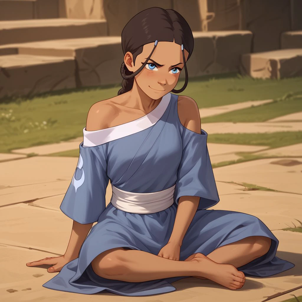 score_9, score_8_up, score_7_up, score_6_up, score_5_up, score_4_up, rating_safe, Katara, sitting on the ground, barefoot, small smile, blushing, exposed shoulder