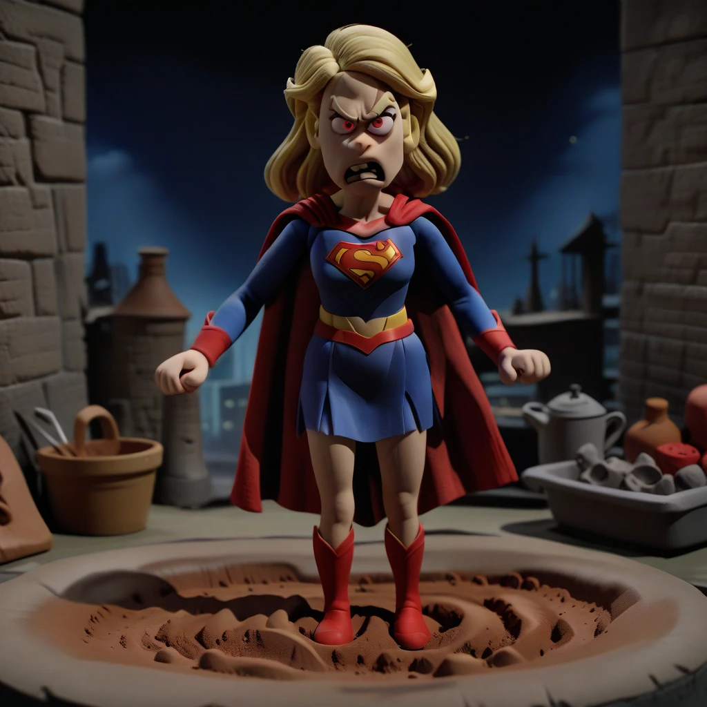 <lora:claymation-style_a31_xl_1:1>,claymation-style, clay, woman, supergirl, long flowy blonde hair, angry, glowing red eyes, night, flying, masterpiece, best quality