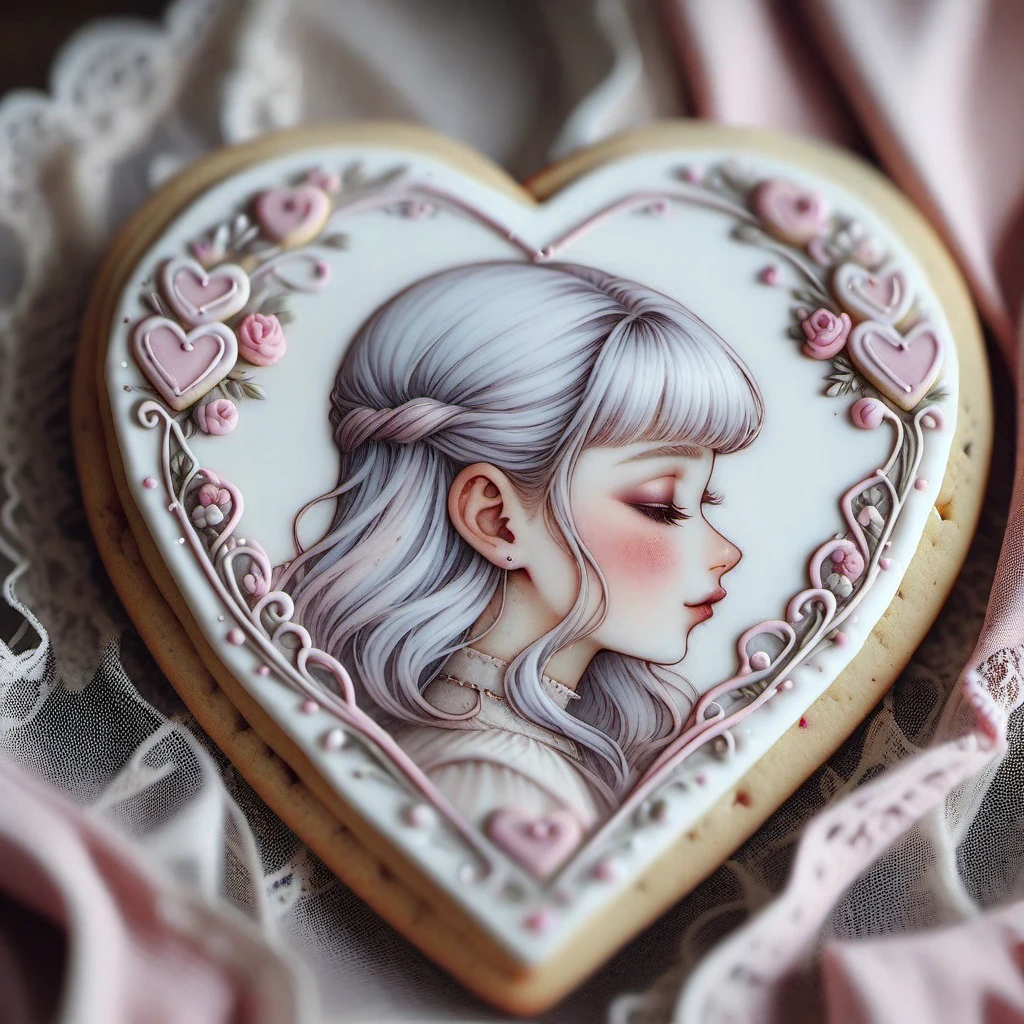 <lora:cookie:1>cookie art design, cookie decoration,solo cookie,(flat art),heart shaped ,blue hair, profile,