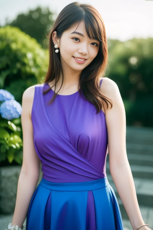 1girl,(RAW photo, best quality), (realistic, photo-realistic:1.4), masterpiece, an extremely delicate and beautiful, extremely detailed, 2k wallpaper, Amazing, finely detail, extremely detailed CG unity 8k wallpaper, ultra-detailed, highres, soft light, beautiful detailed girl, extremely detailed eyes and face, beautiful detailed nose, beautiful detailed eyes,cinematic lighting,perfect anatomy,slender body
wearing a purple peplum dress,blue skirt,(bokeh:1.2)
at a shrine,torii gate,tall stone stairs,(hydrangea flowers),cloudy
 <lora:hasegawakasumi_lora:0.7>smile,