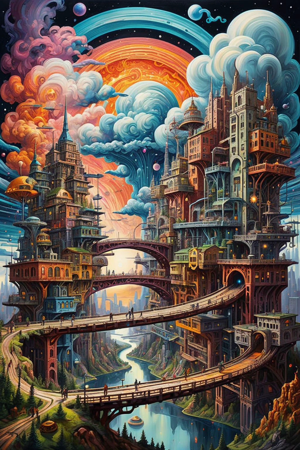 Acrylic Painting a vivid scifi illustration of a city, bridge, psychedelic clouds, star sky
castlesland<lora:castlesland:0.5>